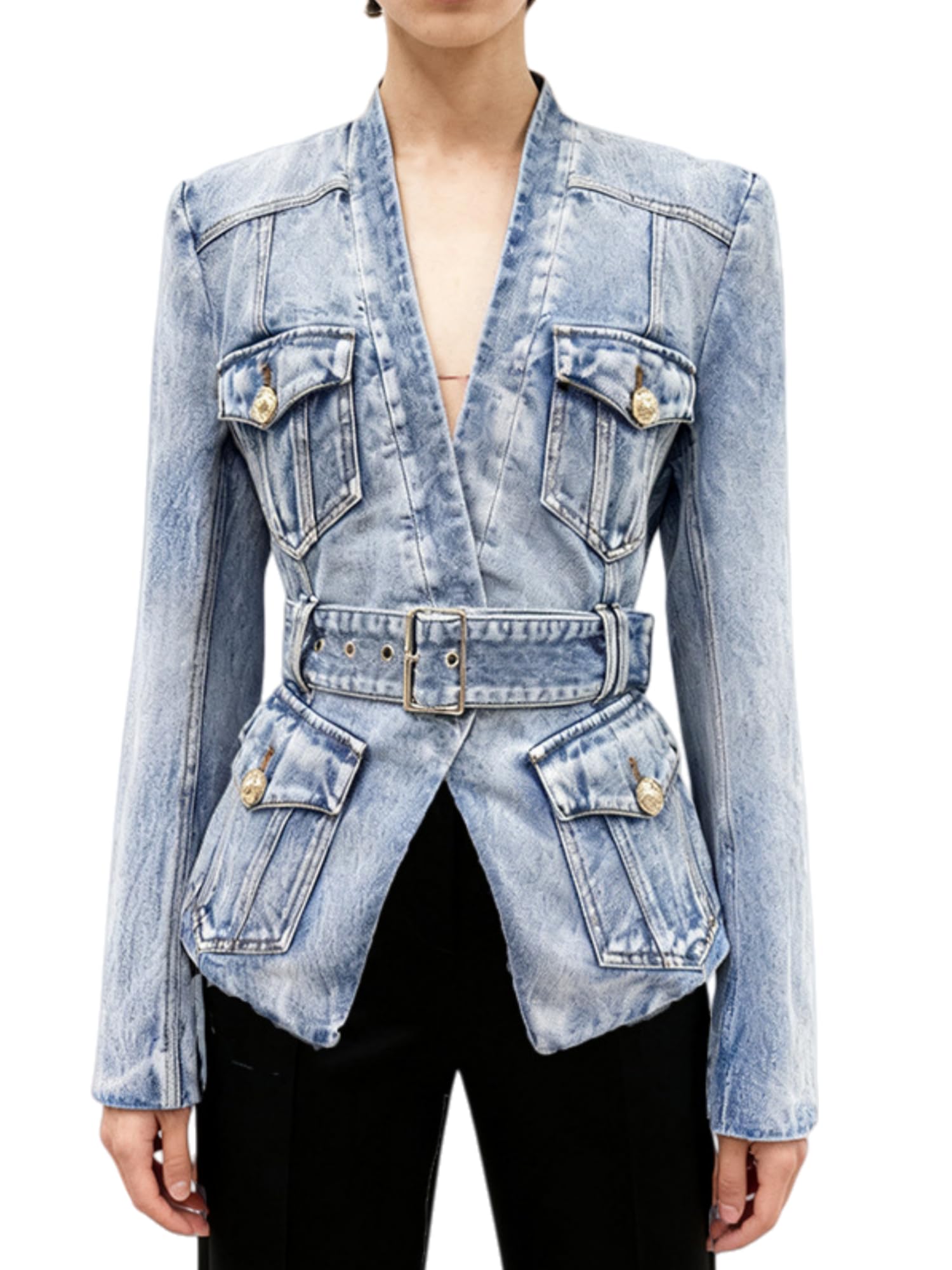 Womens Designer Blazer Slim Denim Jacket with Belt V-Neck Long Sleeved Female Chic Cowboy Blazer Outer Coat