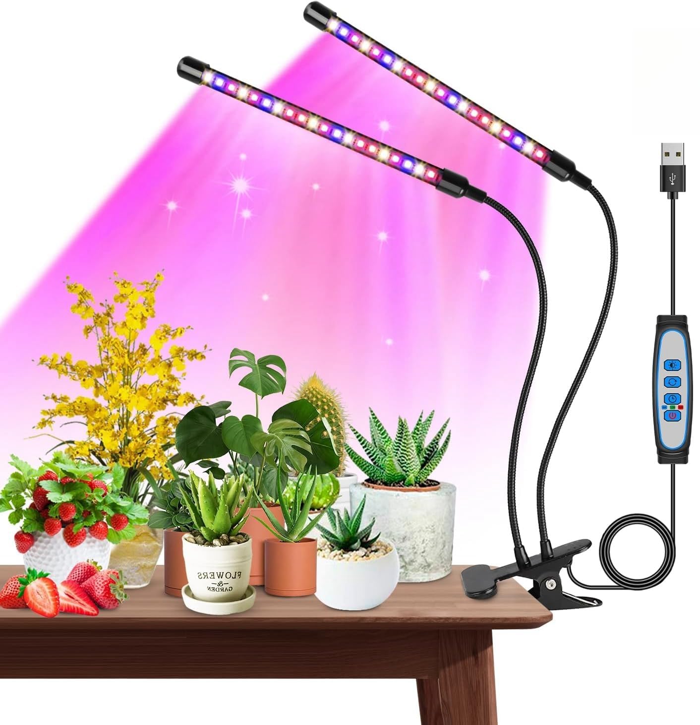 X-AMISA 植物育成ライト 2ヘッド タイマー付き（3H/6H/12H）3色切替 フルスペクトル 360度調節 USB給電 クリップ式