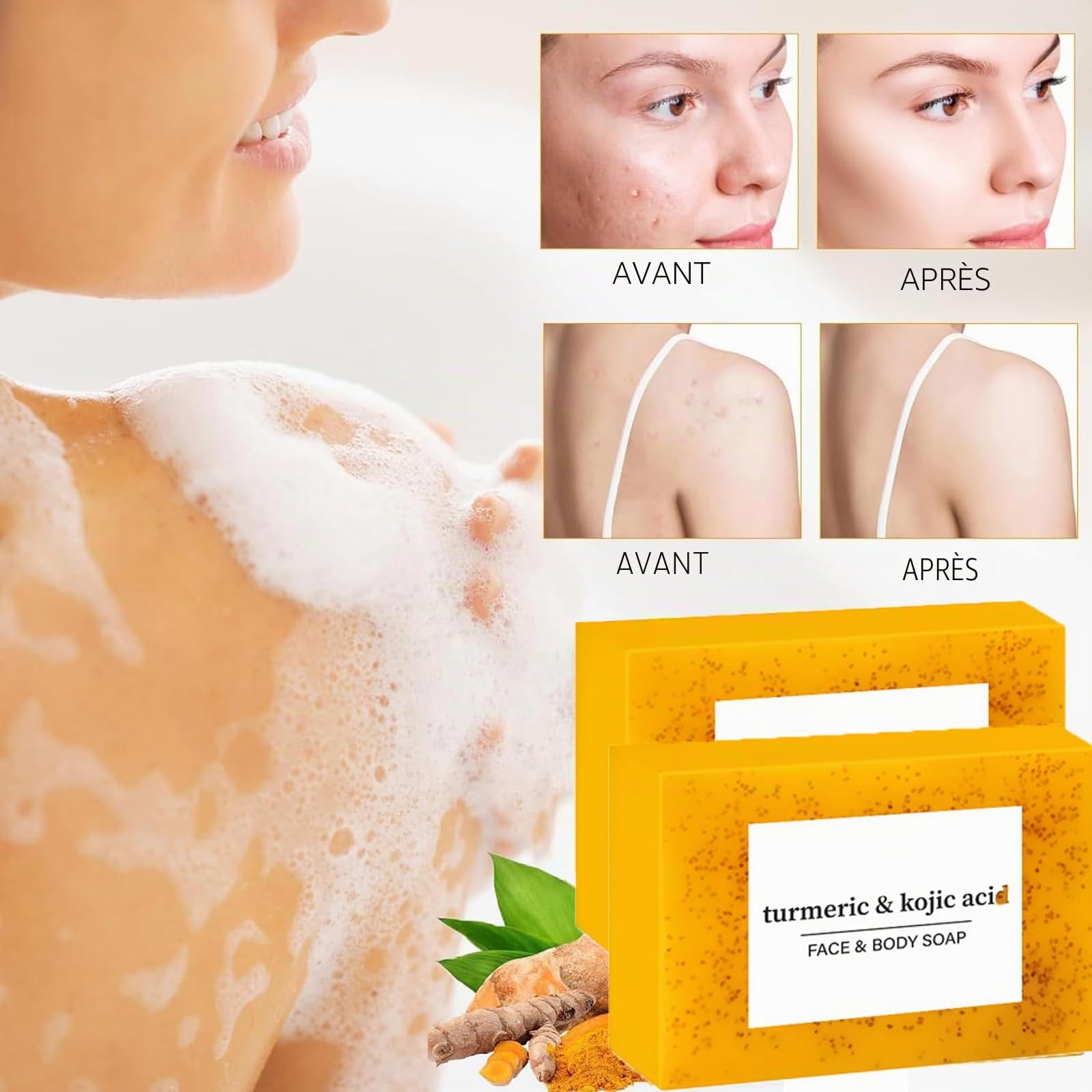 Ensemble Trois Pièces pour Lavage et Soins au Curcuma, Nettoyant Facial Avec Brosse, Tampons Gommants pour le Visage, Pain de Savon, Filet Moussant pour Savon, Ensemble de Nettoyage en Profondeur