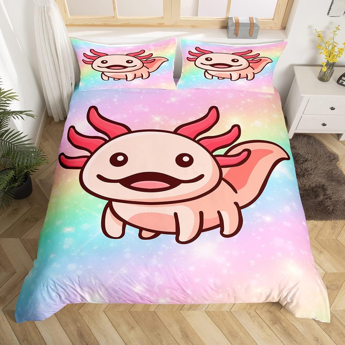 Homewish Axolotl Kids Single Duvet Cover Set 2 Pieces, Pastel Rainbow Rainbow Bedding Set Single for Girls Boys Teens, Pink Reversible Quilt Cover, Cute Cartoon Animal Print Bed Set, Microfibre