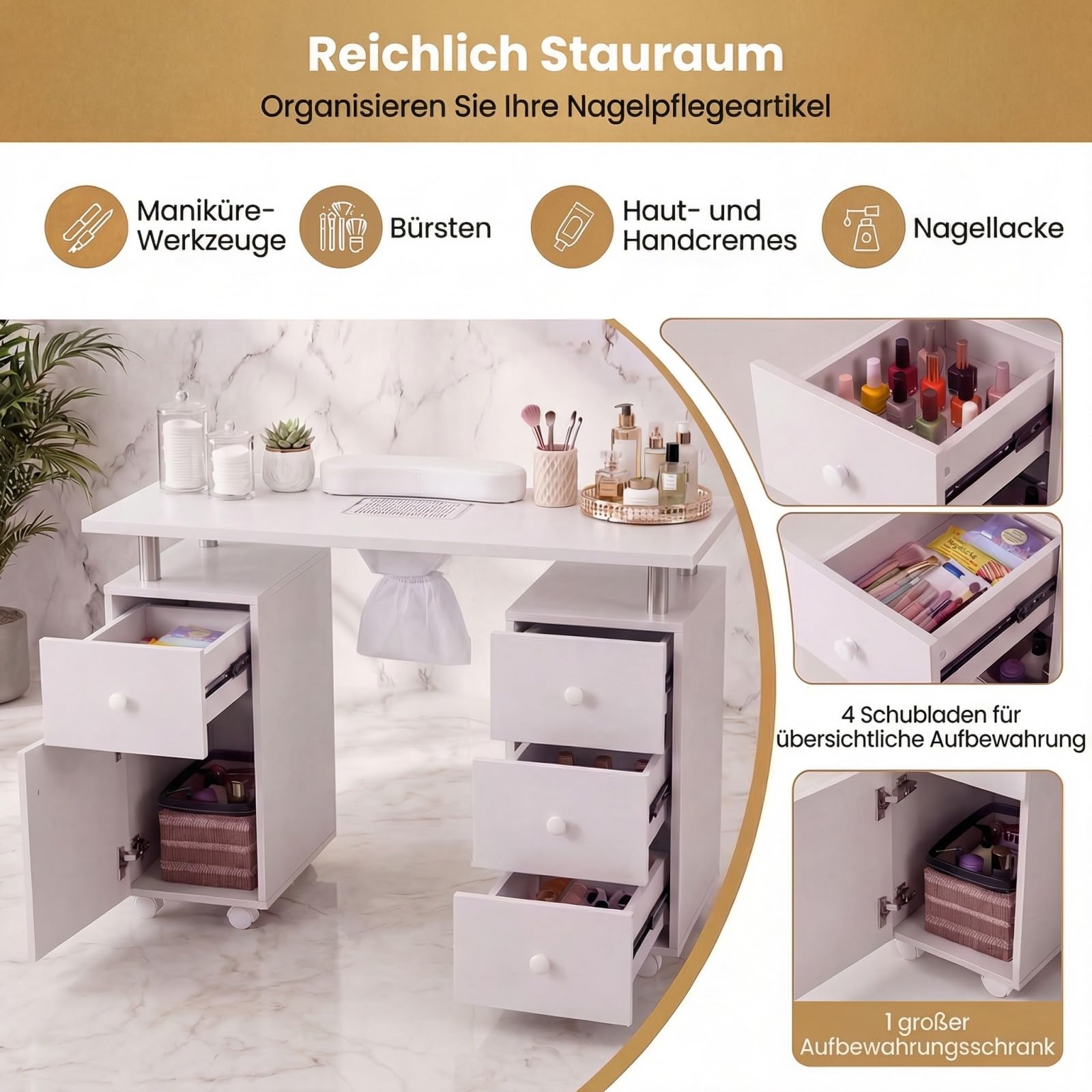 RELAX4LIFE Nageltisch, Manikürtisch mit Staubabsaugung, Handauflage & 3 Staubbeuteln, Nagel Tisch mit Schrank & 4 Schubladen, Maniküretisch mit abschließen Rollen für Nagelstudio & Maniküre (Weiß)