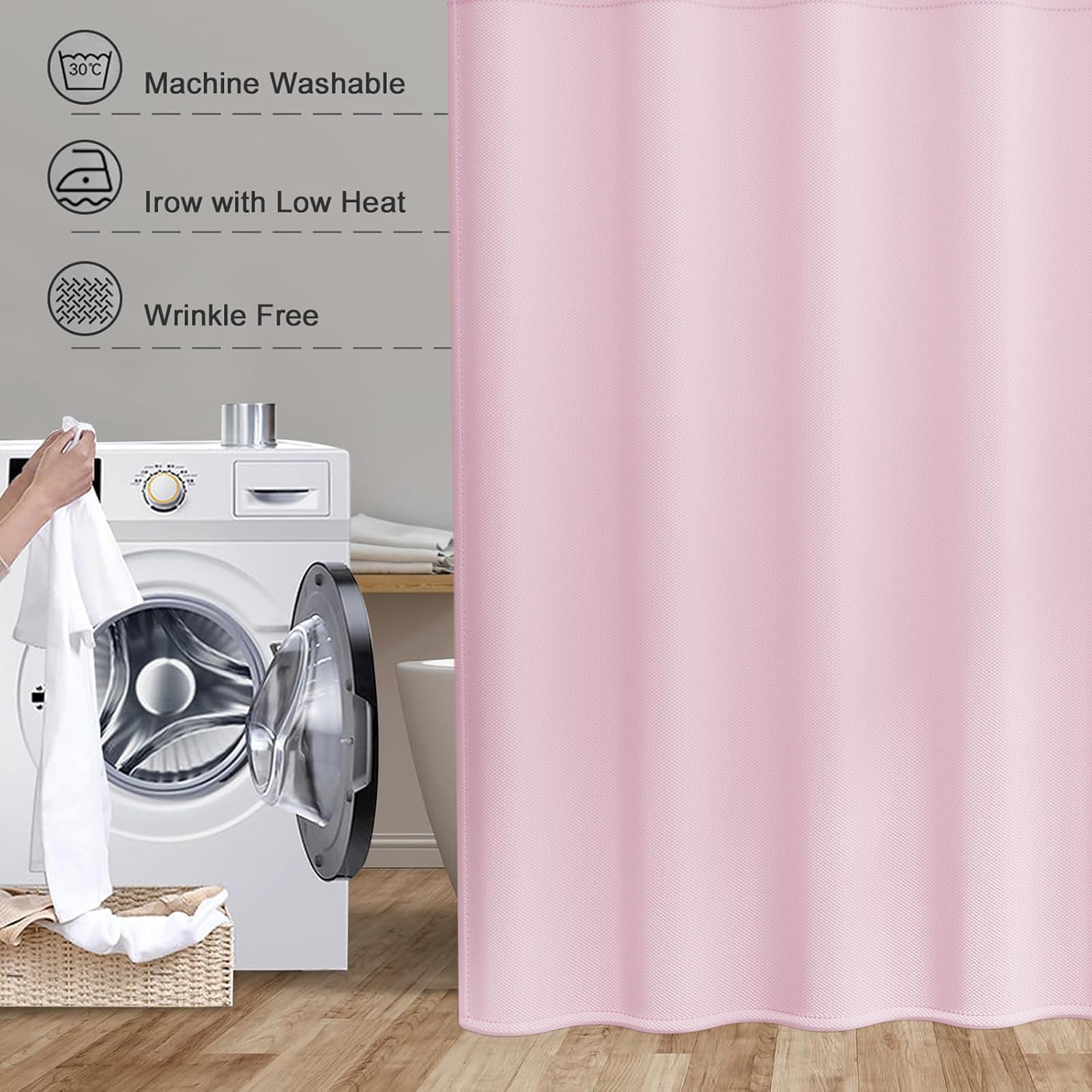 Cortina de Ducha de Tela 240 x 80 cm Cortina de Ducha Resistente Al Moho - Antimoho, Impermeable, Lavable, de Poliéster con Ojales y Anillos, para Baño, Bañera, Rosa