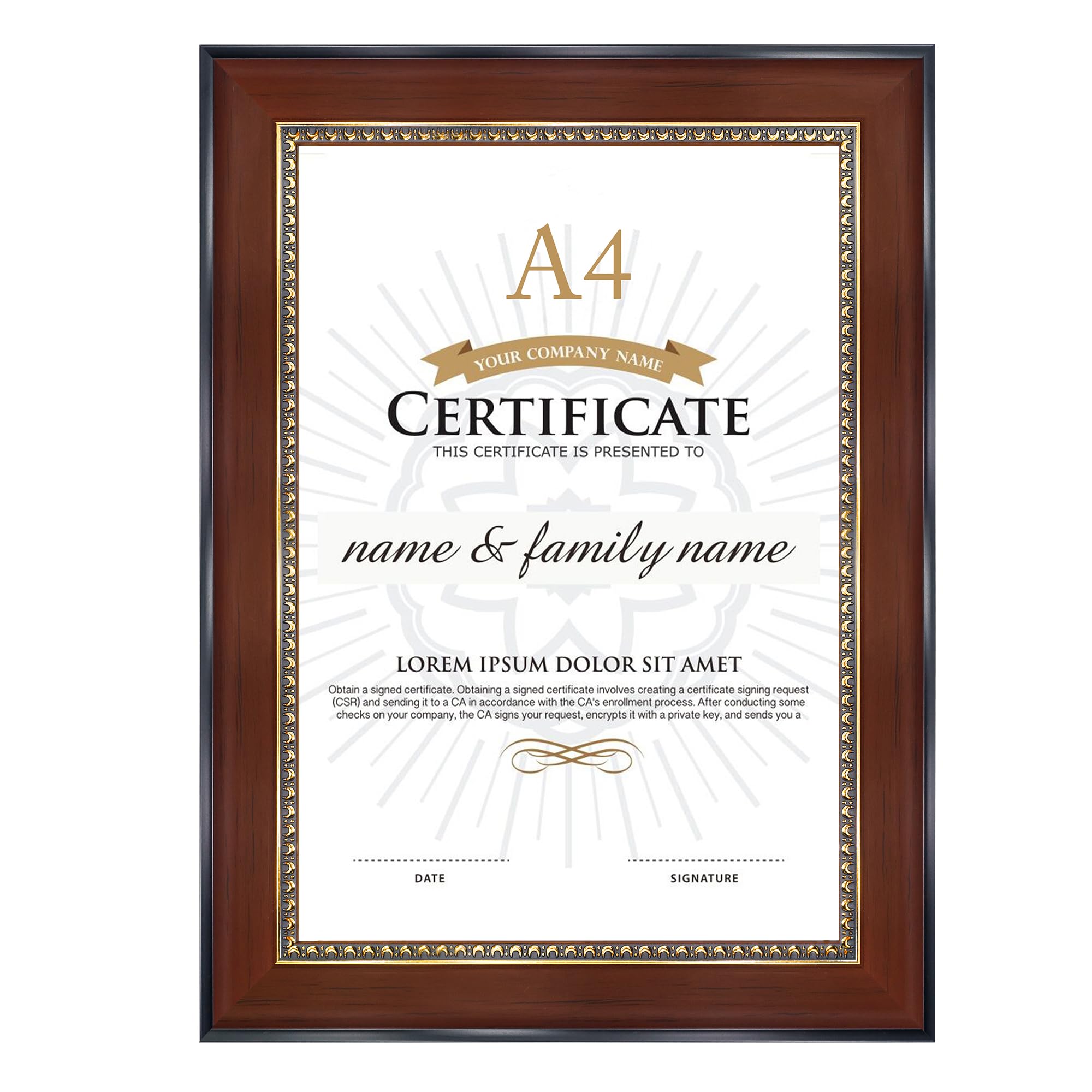 GraduationMall A4 Certificate Frame Picture Frame Real Glass Gold Accents Diploma Holder Photo Frames for Wall Tabletop Display Brown