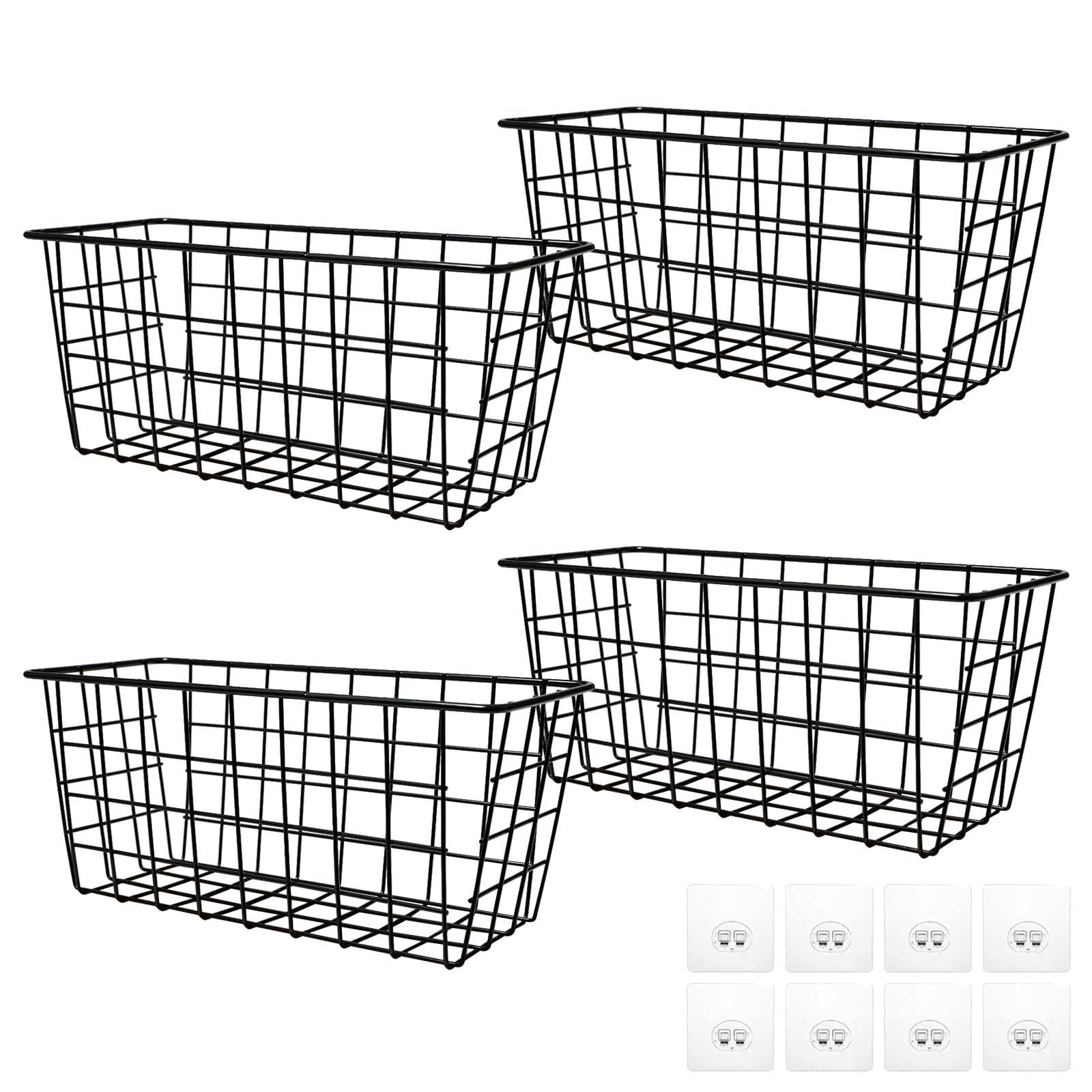 4 Stück Metallkorb Schwarz Wand Drahtkorb Aufbewahrungskorb mit Klebehaken Metallkorb Schwarz Hängend Wandkorb Gitterkorb Metall Aufbewahrung Drahtkorb für Bad Küche Büro (28 x 12 x 12.5 cm)