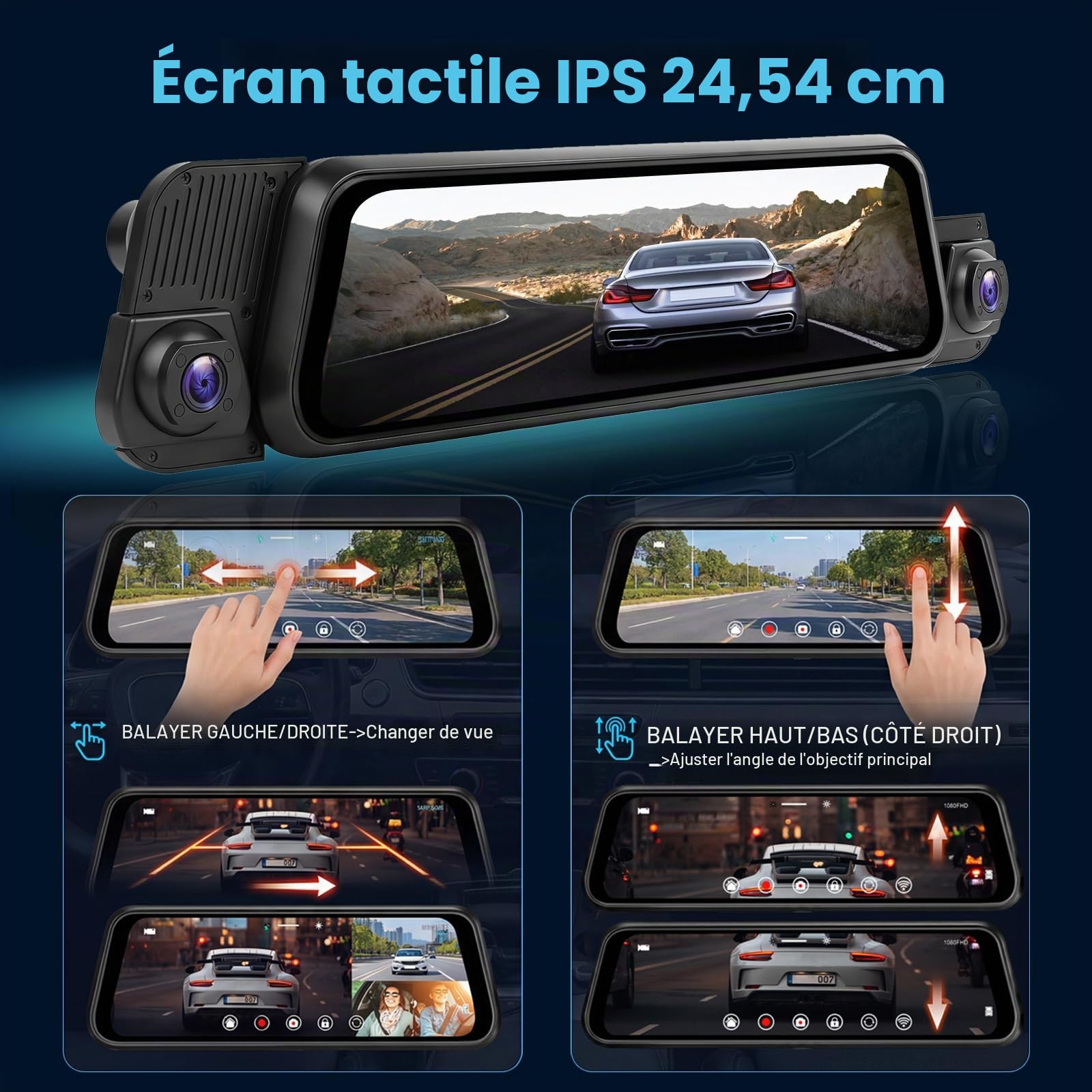Inefala Dash Cam Rétroviseur 4 Canaux 9,66" Tactile | Avant Arrière, WiFi, App, G-Capteur, Carte 64 Go, Grand Angle, Vision Nocturne, Boucle