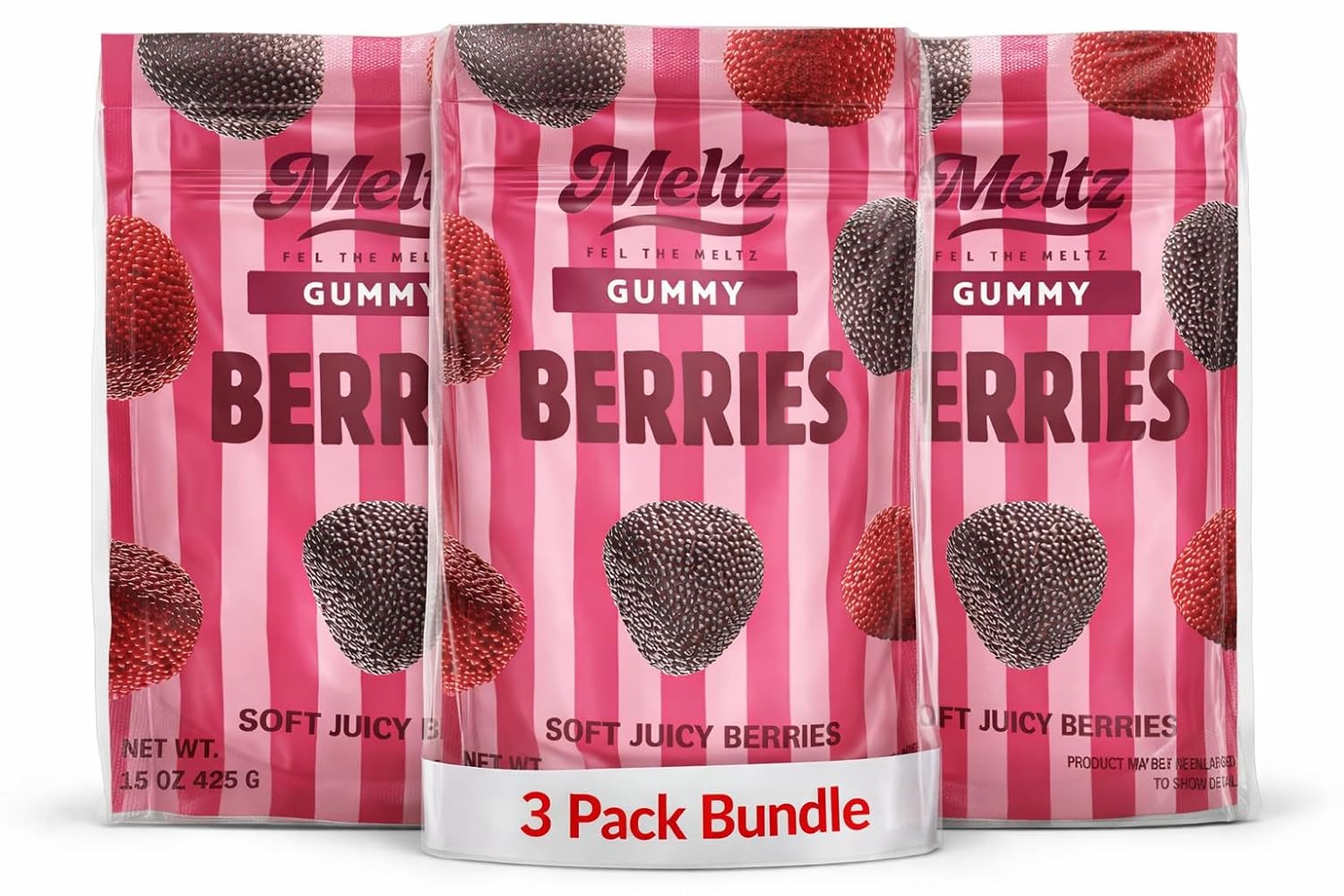Meltz Gummy Berries Candy, Soft & Chewy Fruity Gummy Candy, Berry Flavored Gummies, Large Sharing Bag 425g (15 oz) (3 pack)