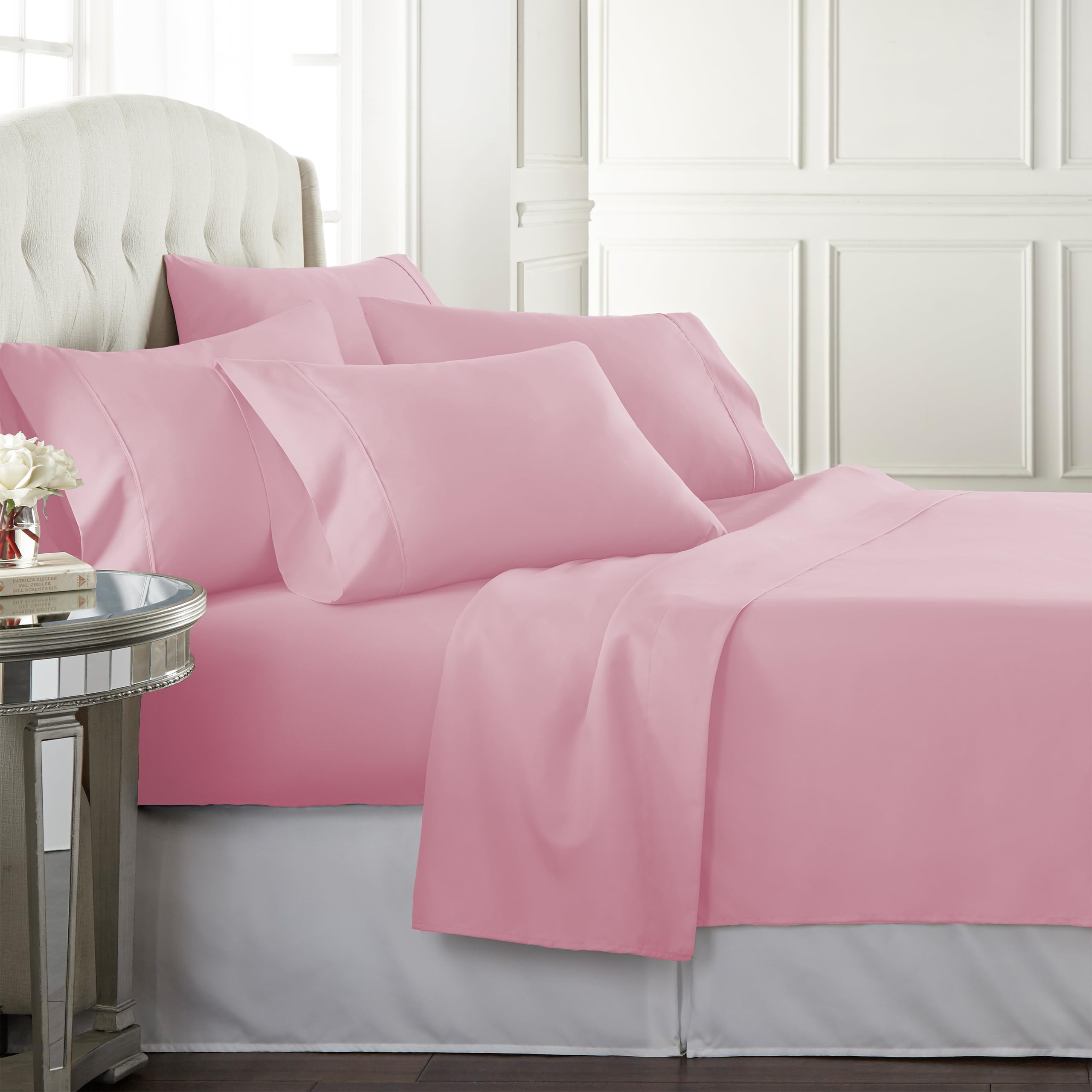 Danjor Linens Bed Sheet Set Cal King for Hot Sleepers, Hotel Premium Sheets with 4 Pillowcases, Lightweight Brushed Microfiber Deep Pockets, Breathable Cooling 6 Piece Bedding Sets, Pink
