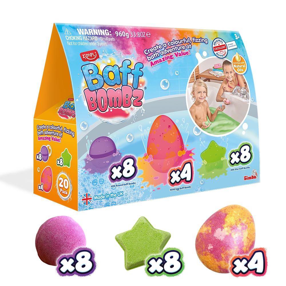 ZIMPLI - Lot Méga Pack de 20 Baff Bombz, Crée Une Aventure colorée et pétillante à l’Heure du Bain, Coffret Cadeau de Bombes de Bain effervescentes, Cadeau d’Anniversaire pour Enfants