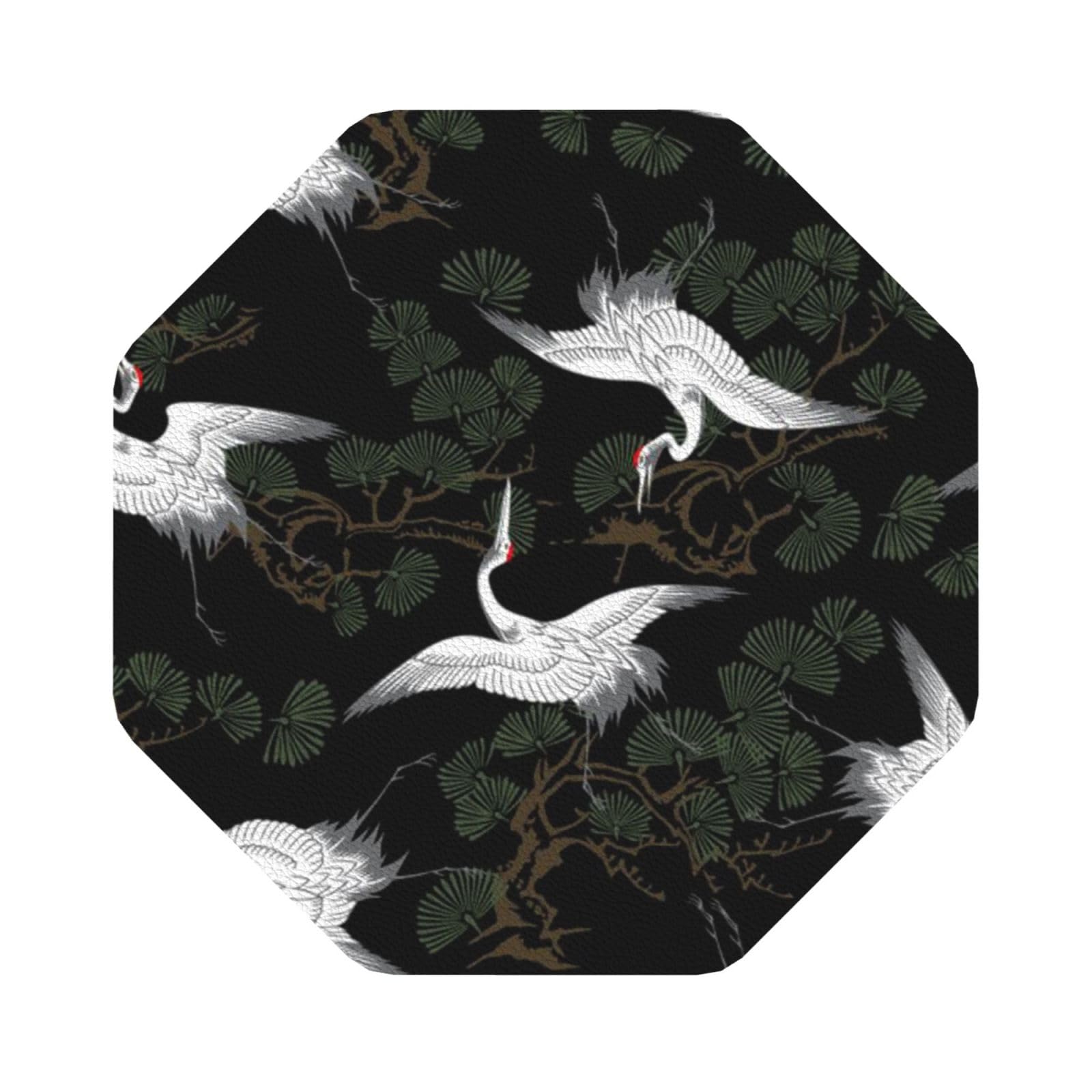 Japanese Crane & Pine PU Leather Coasters Set of 6 Octagon Drink Coasters