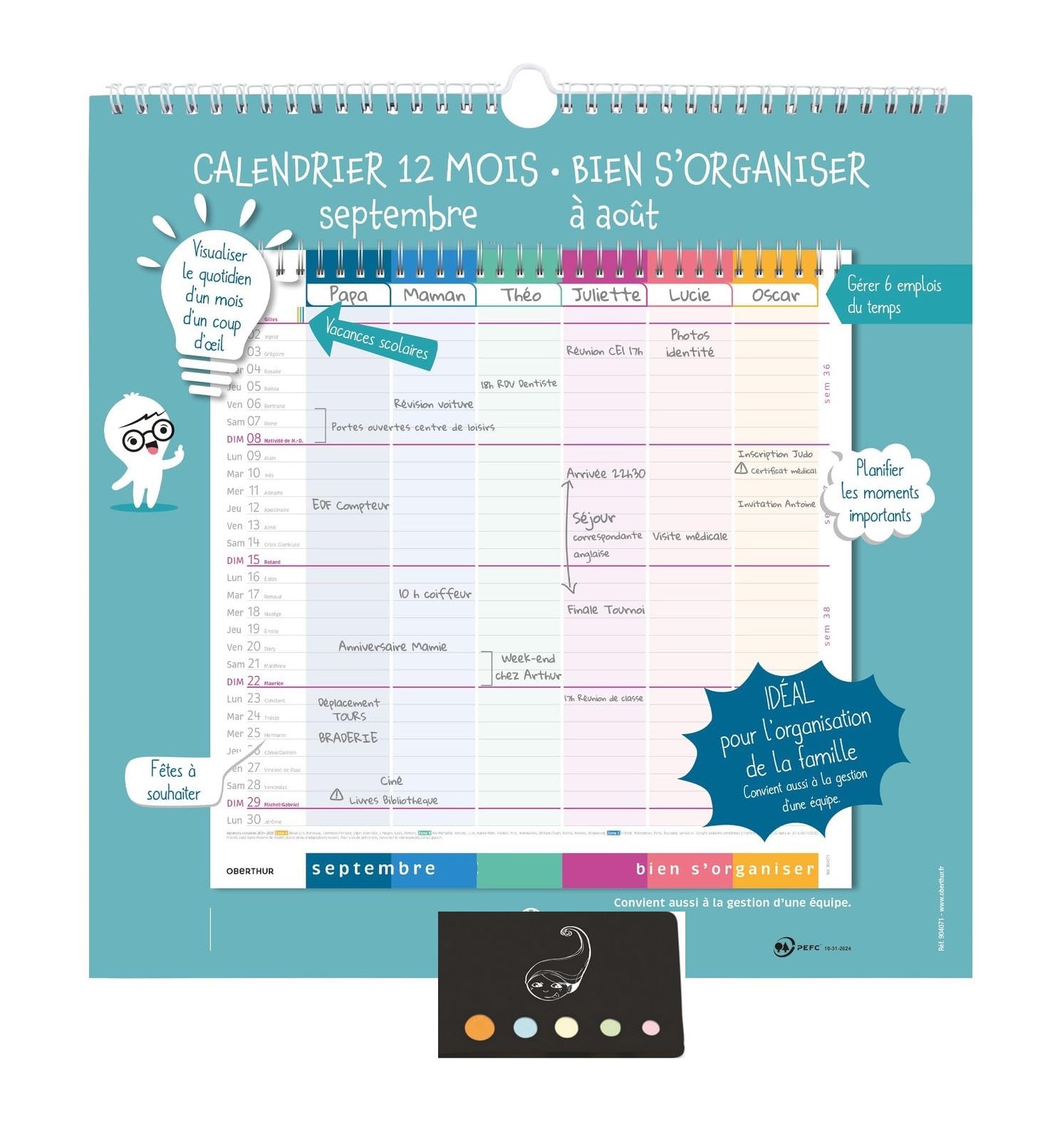 Lot Calendrier Familial " Bien S'organiser " Septembre 2026 à Août 2027 + 1 Index Adhésif Blumie (30 * 30 Oberth Scolaire)