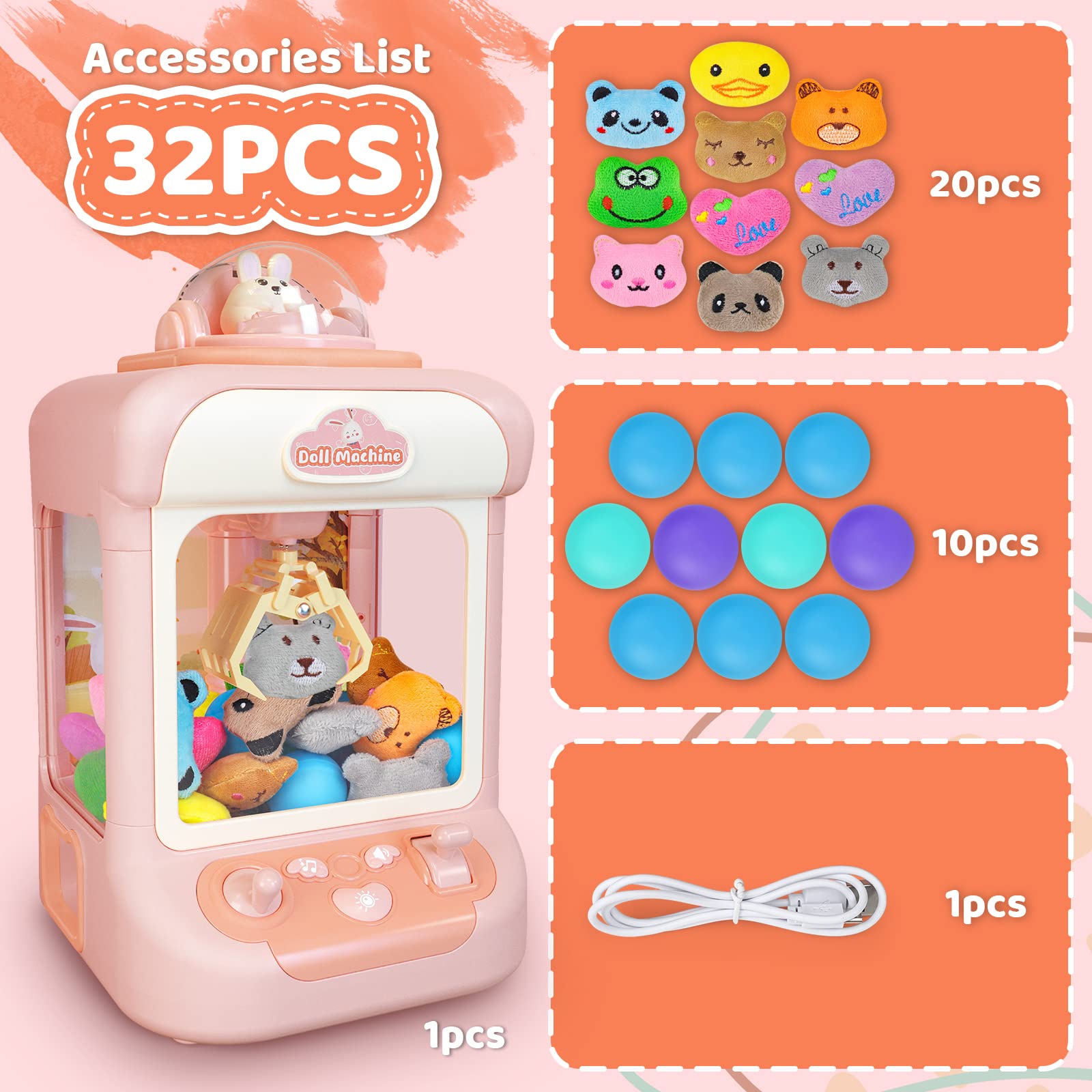 DeAO Mini Machine à Griffes Avec Musique – 20 Peluches + 10 Surprises – Joystick 360°, 60s, Pour 3-6 Ans