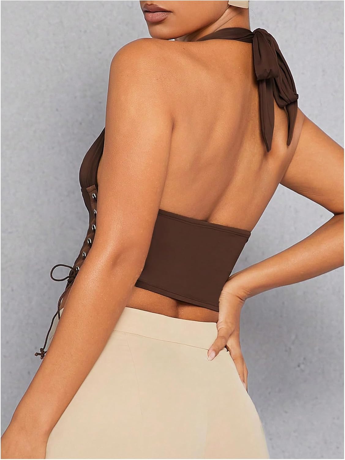 Verdusa Women's Lace Up Halter Corset Tops Backless Date Night Rave Club Outfit Crop Tops - Image 2