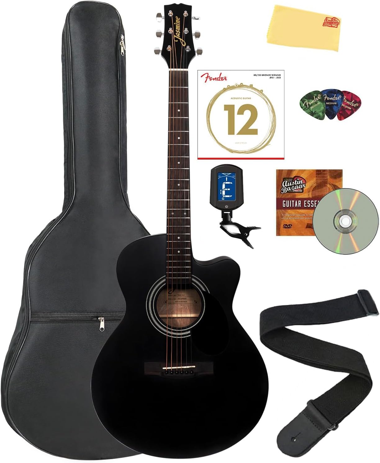 Jasmine S34C Orchestra-Style Cutaway Acoustic Guitar (Black) Bundle