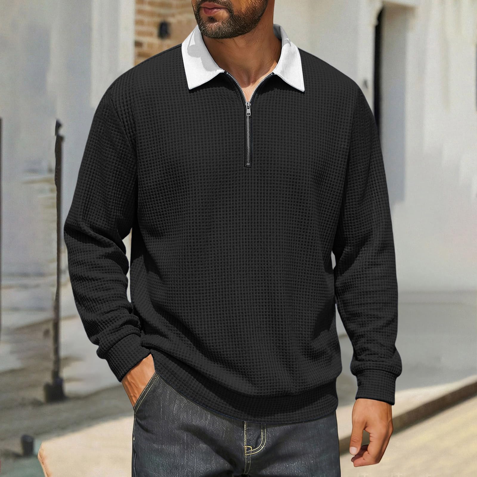 Polo à Manches Longues Homme Demi-zippé en Tissu gaufré, col contrasté, Coupe décontractée Douce et Chaude, modèle Classique adapté Quotidien et mi-Saison