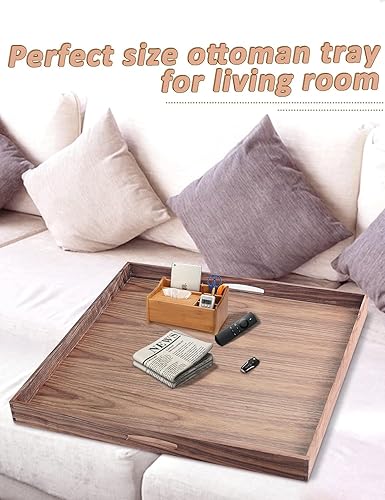 Miniatura 10 de EXISTING Bandeja de 23 x 23 pulgadas para otomana, bandeja grande de madera con asas, bandeja cuadrada marrón de nogal decorativo, para desayuno en