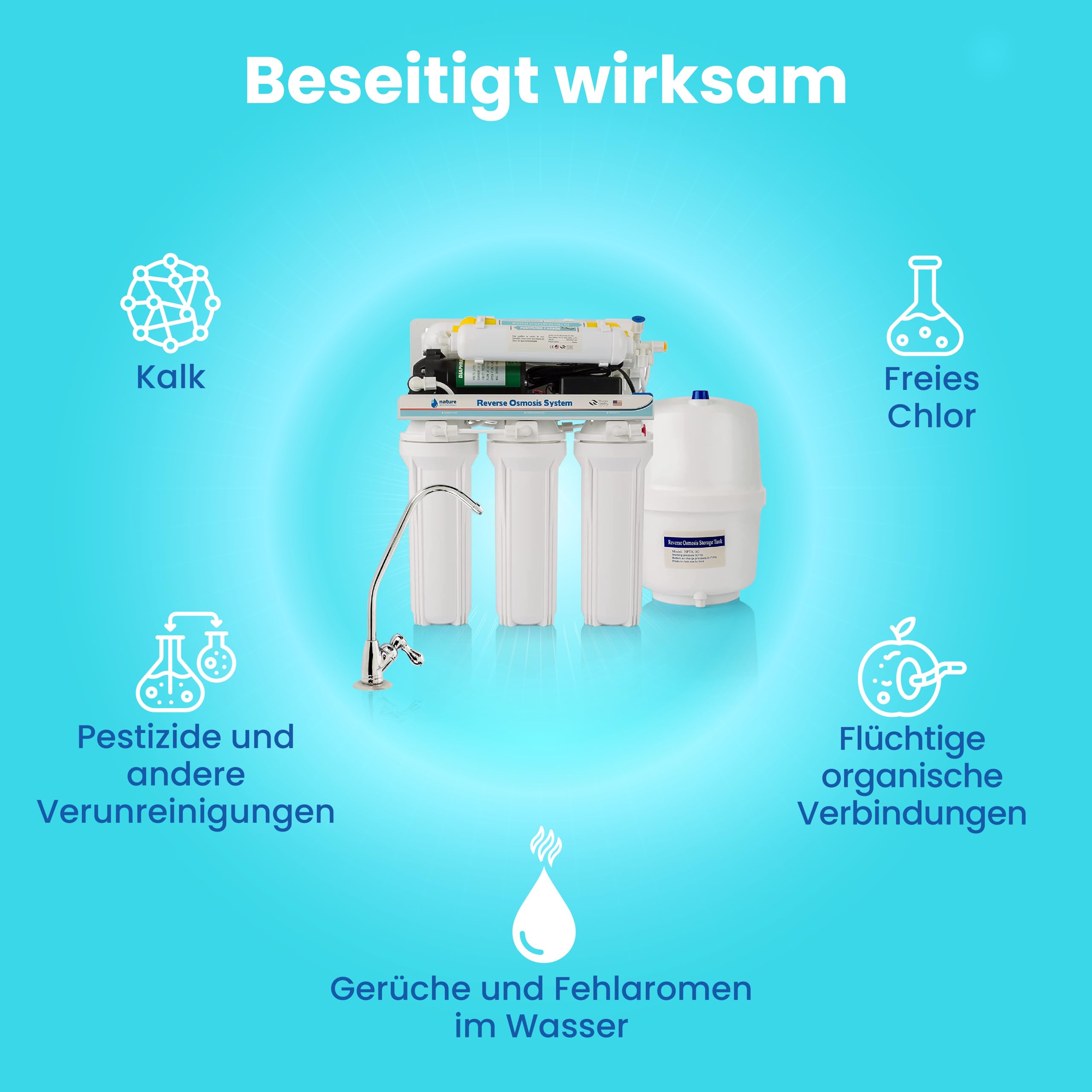 NATURE WATER PROFESSIONALS Umkehrosmose-Ausrüstung – 6-stufiges Osmose-Set – 5 l Fassungsvermögen – inklusive Vontron 50 GPD-Membran, Pumpe und Filter