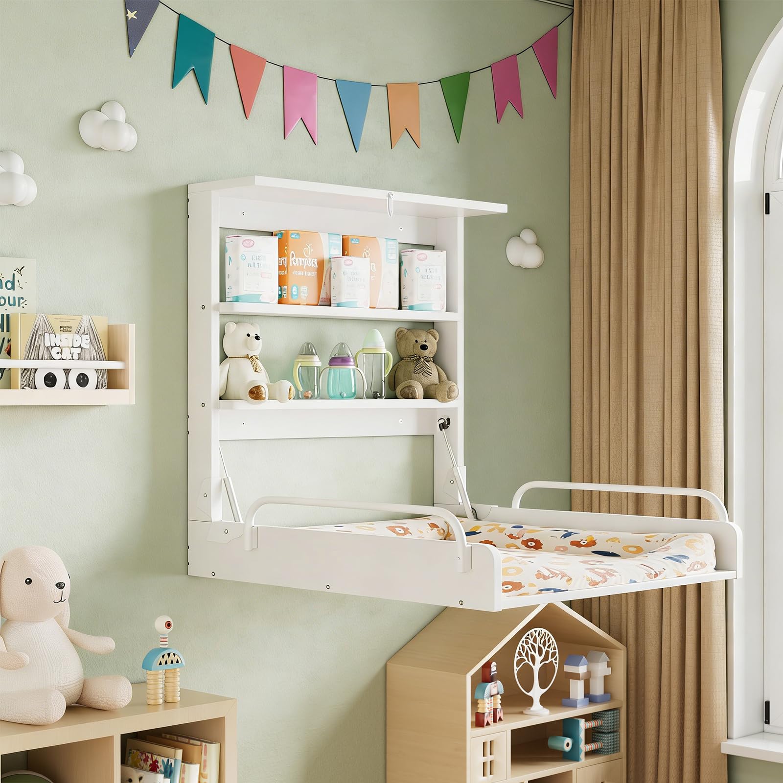 MSFE Wickelkommode Wickeltisch Klappbar, Baby Changing Table Wandwickeltisch mit 3 Regalfächern, Holz weiß