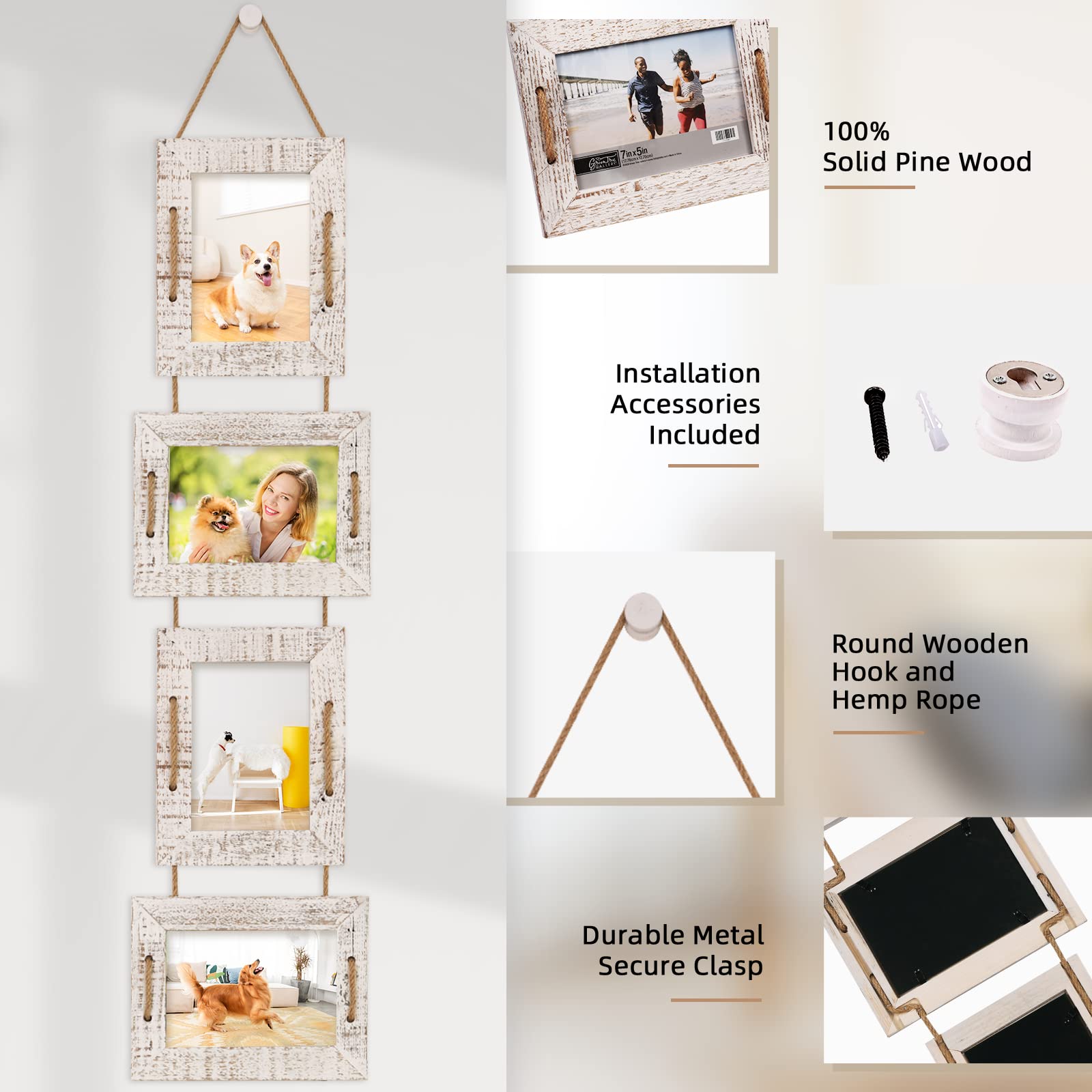 ABSWHLM 5x7 Picture Frames Rustic Solid Wood Hanging Picture Frames 4 Opening Photo Frame Display 4