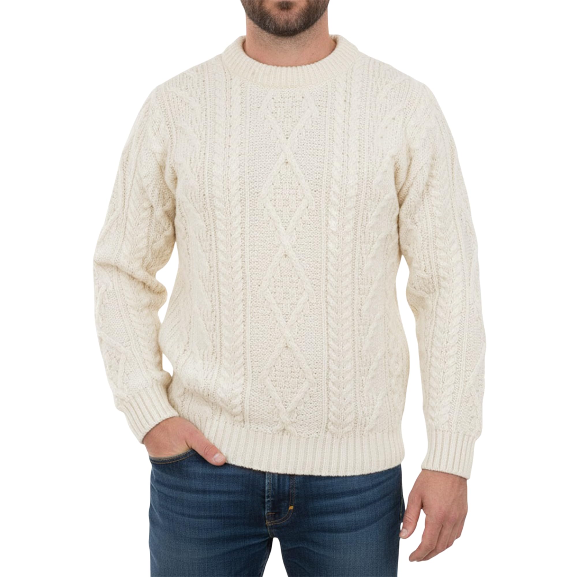 Braw Clans Tartans Men's Cream 100% Pure British Wool Jumper For - Made In The Uk - Cable Knit, Crew Neck Warm Arran Jumper - Heavy Knit Pullover - Round Neck Winter Sweater - Colour, Size S - Gifts For
