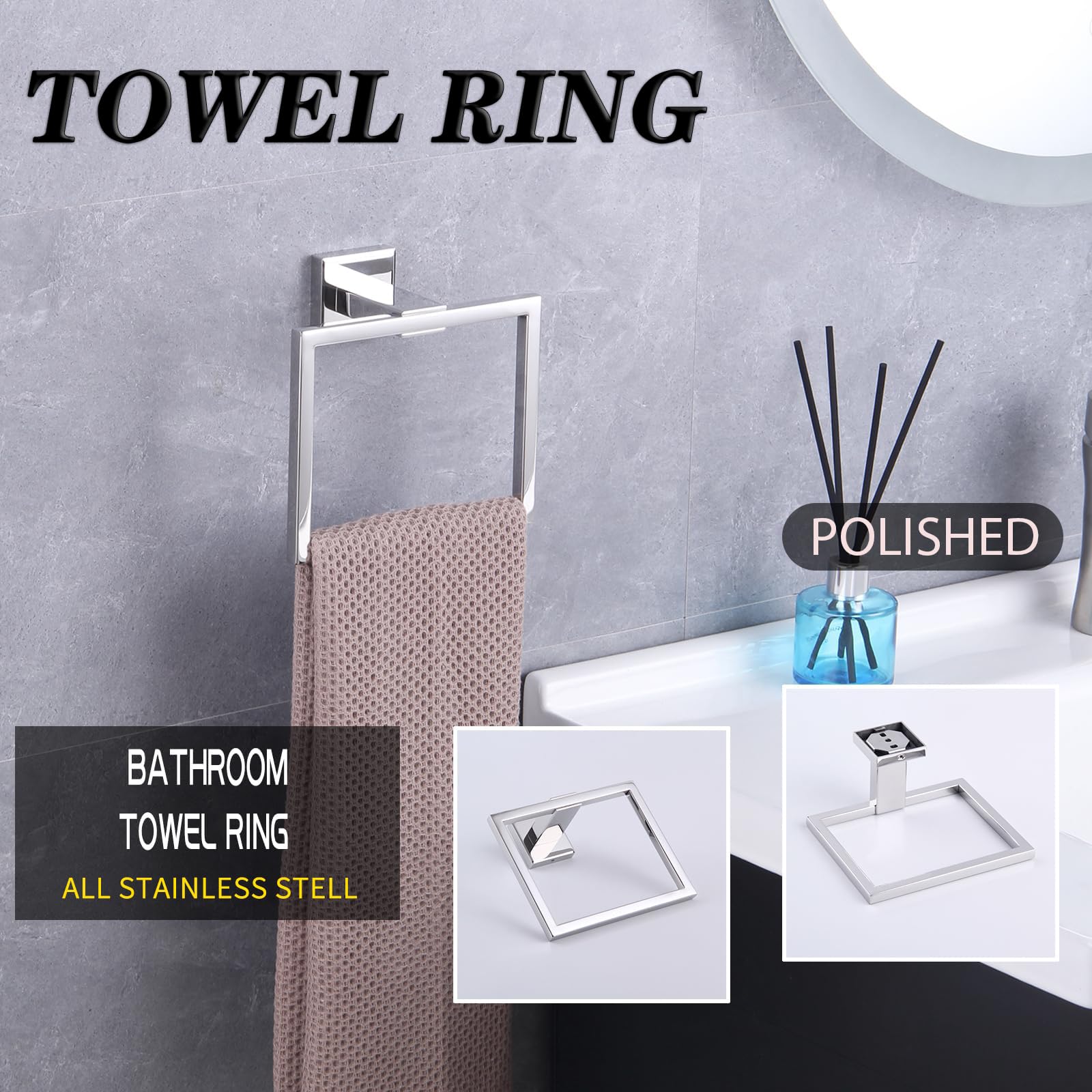 GERZWY Toallero de anillo y soporte de papel higiénico de acero inoxidable pulido, juego de 2 piezas de accesorios de baño montado en la pared