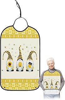 QueenKer Funny Adult Bibs for Eating, Sweet Gnomes Bee Daisy Yellow Plaid Waterproof Clothing Protector Washable Adult Bib with Crumb Catcher for Men Women Elderl and Seniors