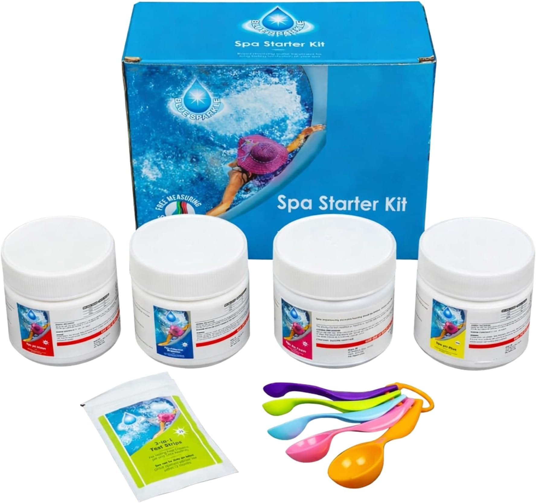 Blue Sparkle Mspa Chemical Starter Kit for Hot Tub, Spa, Swimming Pool, Water Purification Treatment Kit (Contains Chlorine, Minus, pH Plus, Foam Remover and Test Strips, Measuring Spoon) -