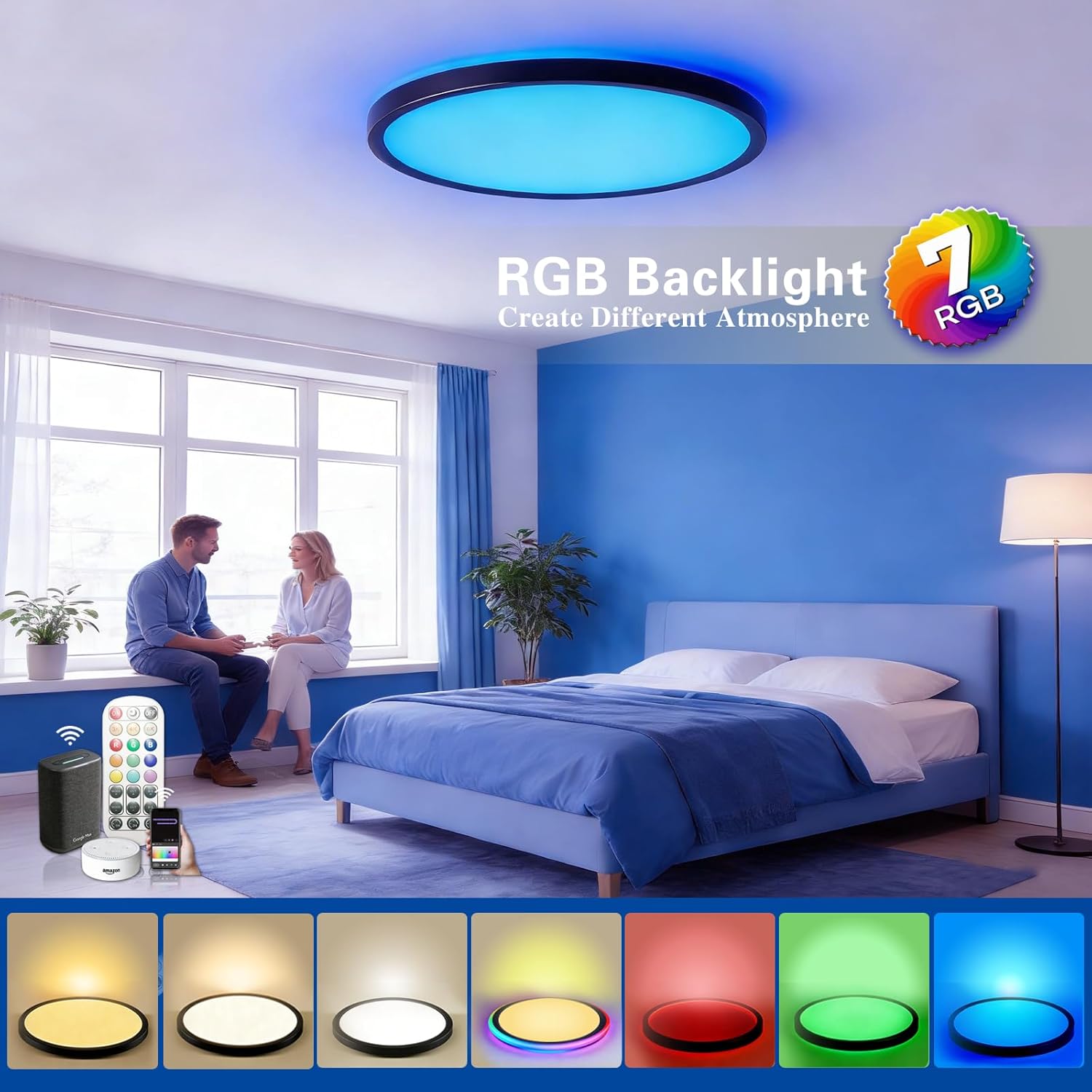 Smart Ceiling Light 12 Inch - RGB Rear Color, Living Room Lighting fixtures Ceiling, Black, 2-Pack