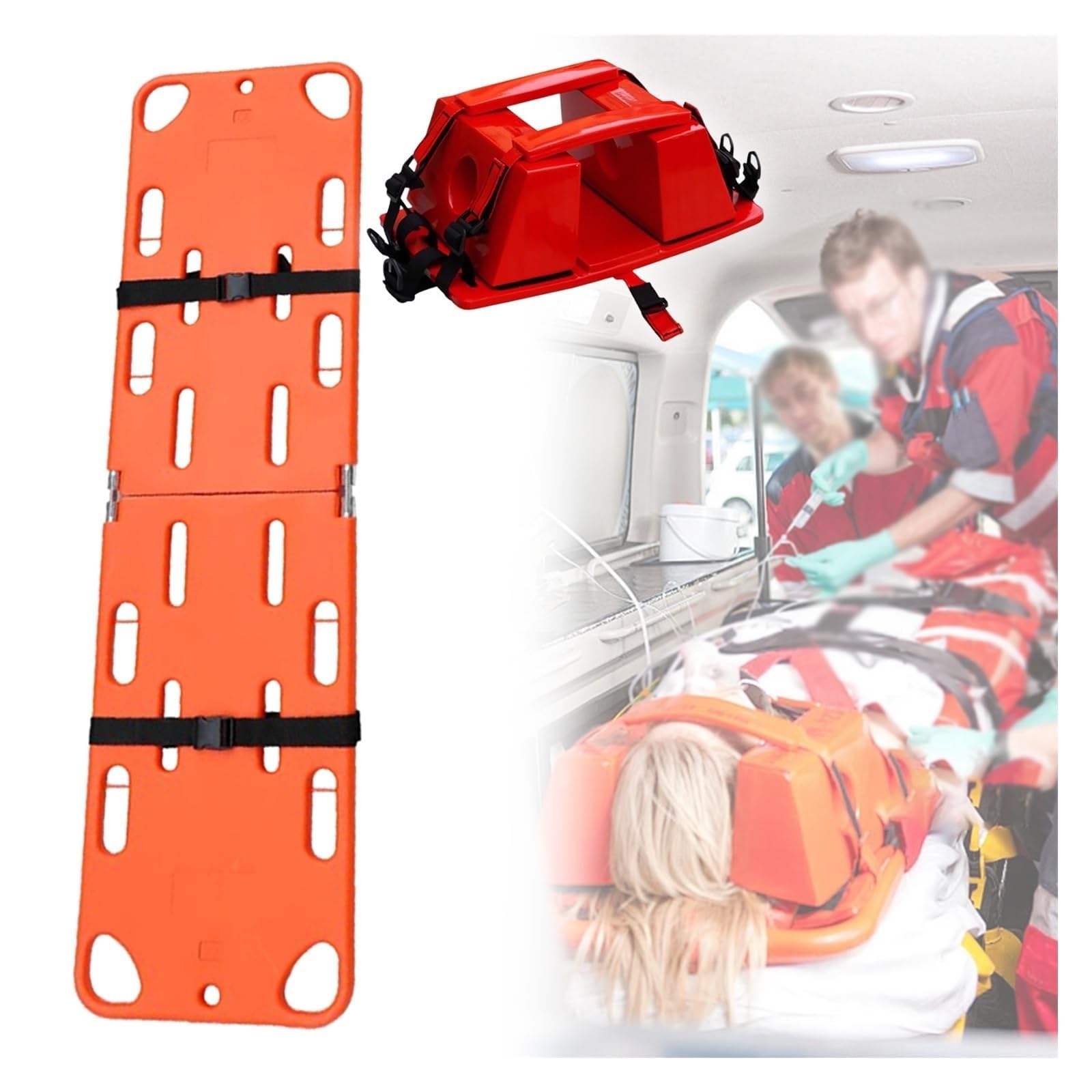 SGKOMN Folding Scoop Rescue Stretcher Emergency Folding Stretcher with Spine Board, Head Immobilizer & Adjustable Belts for Patient Rescue and Life Saving, Head Immobilizer+backboard