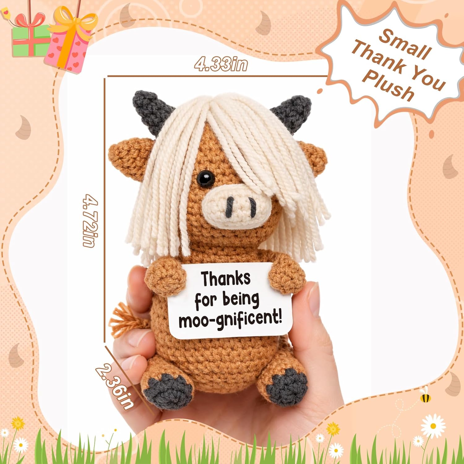 Appreciation Gift for Teacher Women Men – “Thanks for Being Moo-gnificent” Positive Highland Cow Plush for Her Him Best Friend Coworker – Cute Positive Heifer Keepsake for Nurse Week Easter Stuffers - Image 4