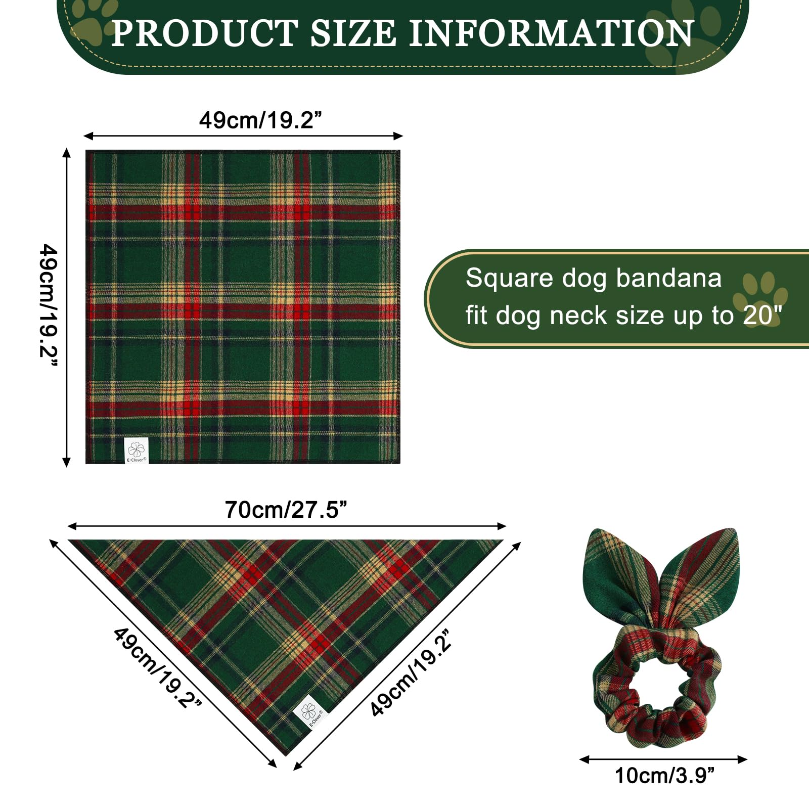 E-Clover Hundehalstuch und passendes Haargummi, grün-rot kariert, niedliches Kostüm-Zubehör für kleine, mittelgroße und große Hunde