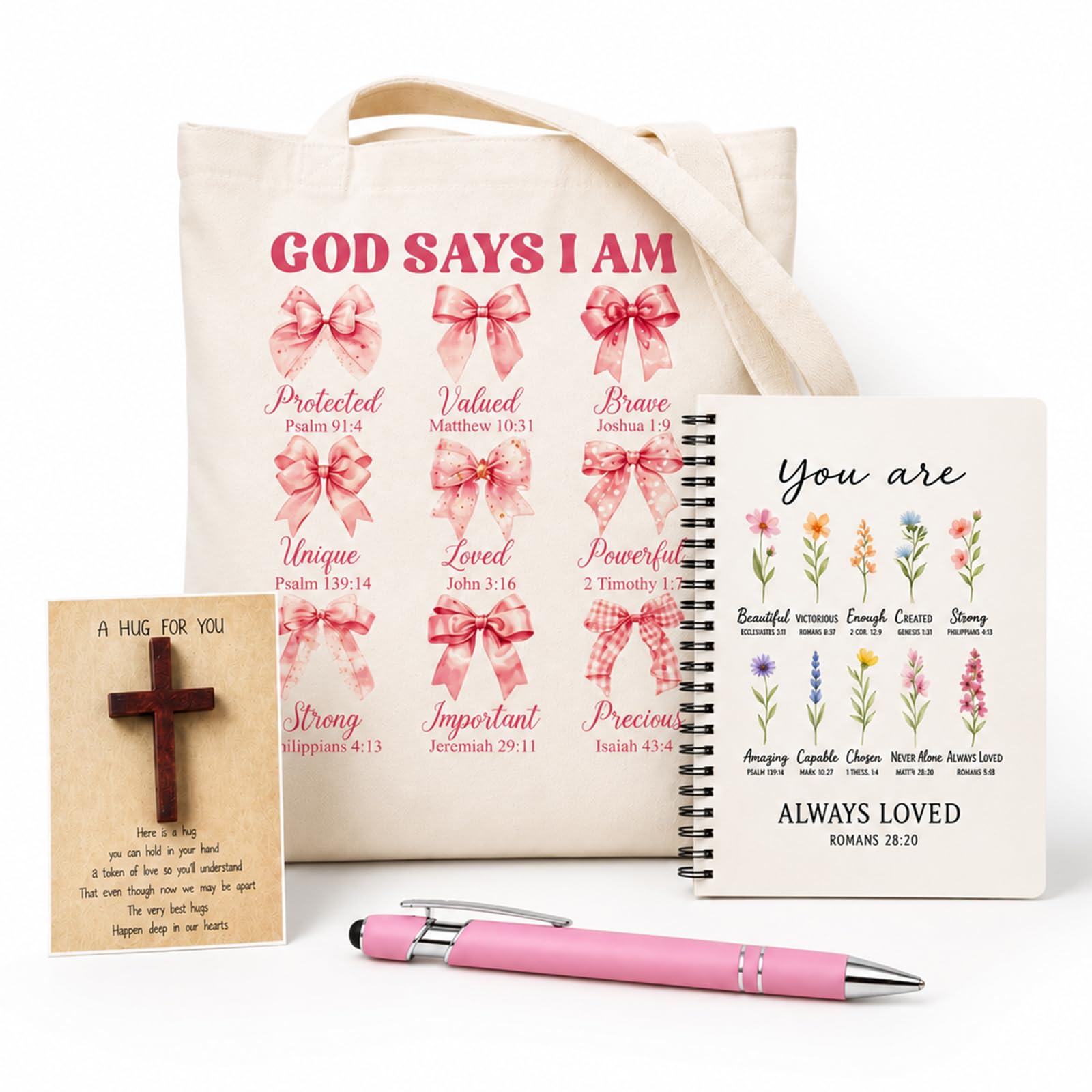 Folcora Pink Religious Gifts for Women, 5 Pcs Christian Notebook Gift Set, Bible Journaling Supplies with Bible Pen, Bible Notebook, Cross Ornament, Greeting Card and Carry Bag