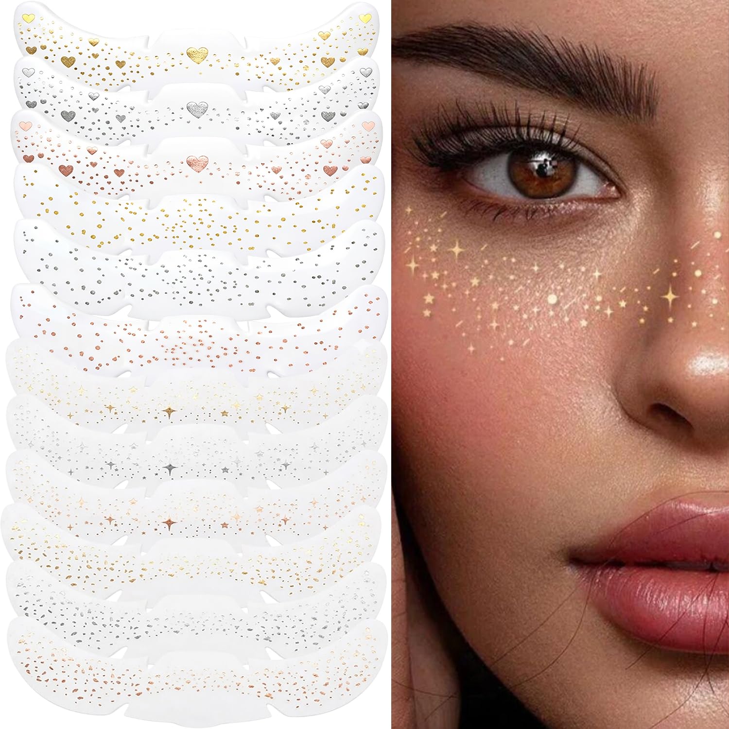 VAMA FASHIONS 12 Cards Temporary Gold Silver Rosegold Face Tattoo Sticker Waterproof Safe Skin Freckles Glitter Sparkle Round Makeup Patches Tattoos Accessories Parties Combo Set for Women & Girls (Freckles Tattoo)-image-2