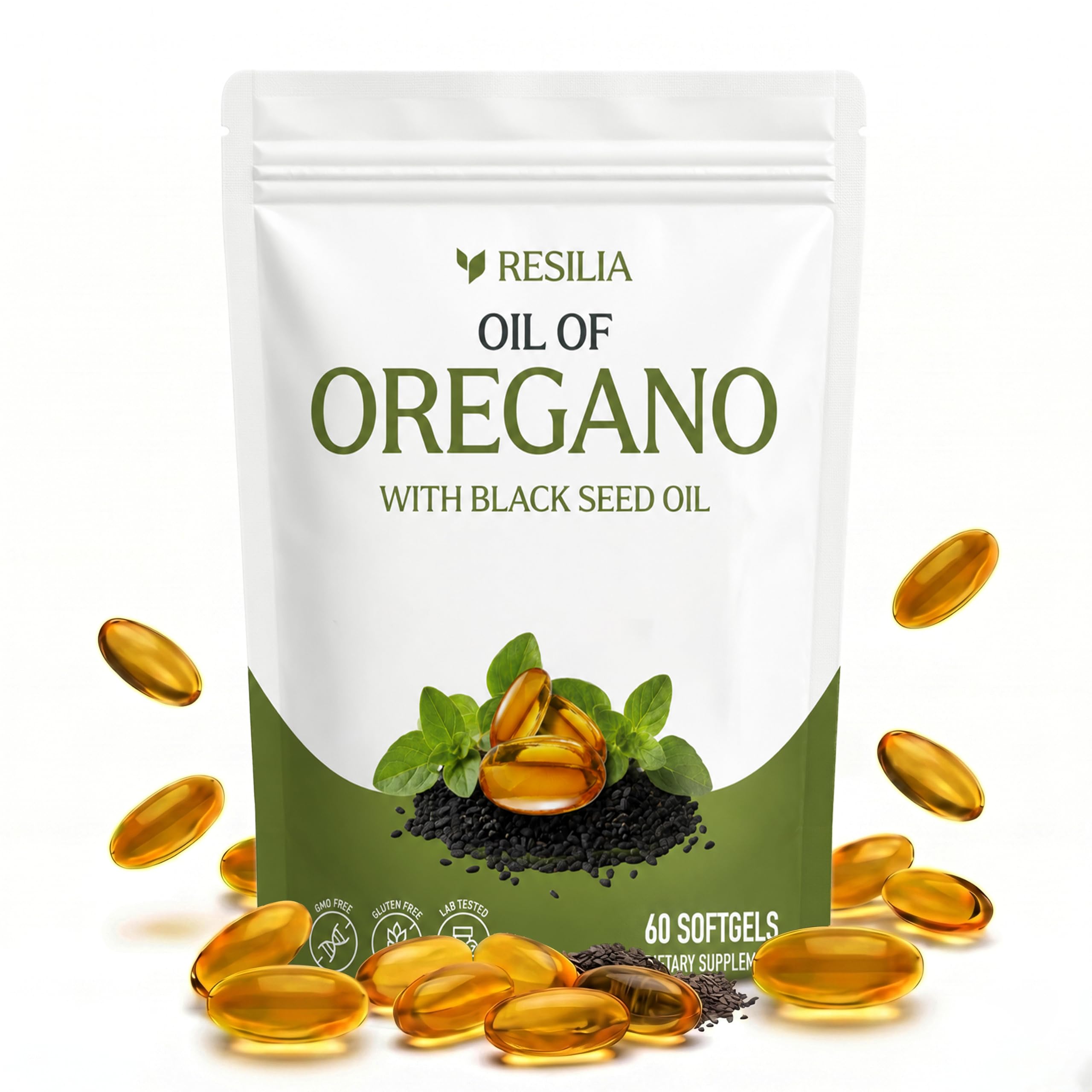 Resilia Softgels with Black Seed Oil – Premium Grade Oregano Oil Capsules for Immune & Digestive Support – Gluten-Free Softgels – Natural Herbal Wellness Supplement (60 Count) 60 Count (Pack of 1)