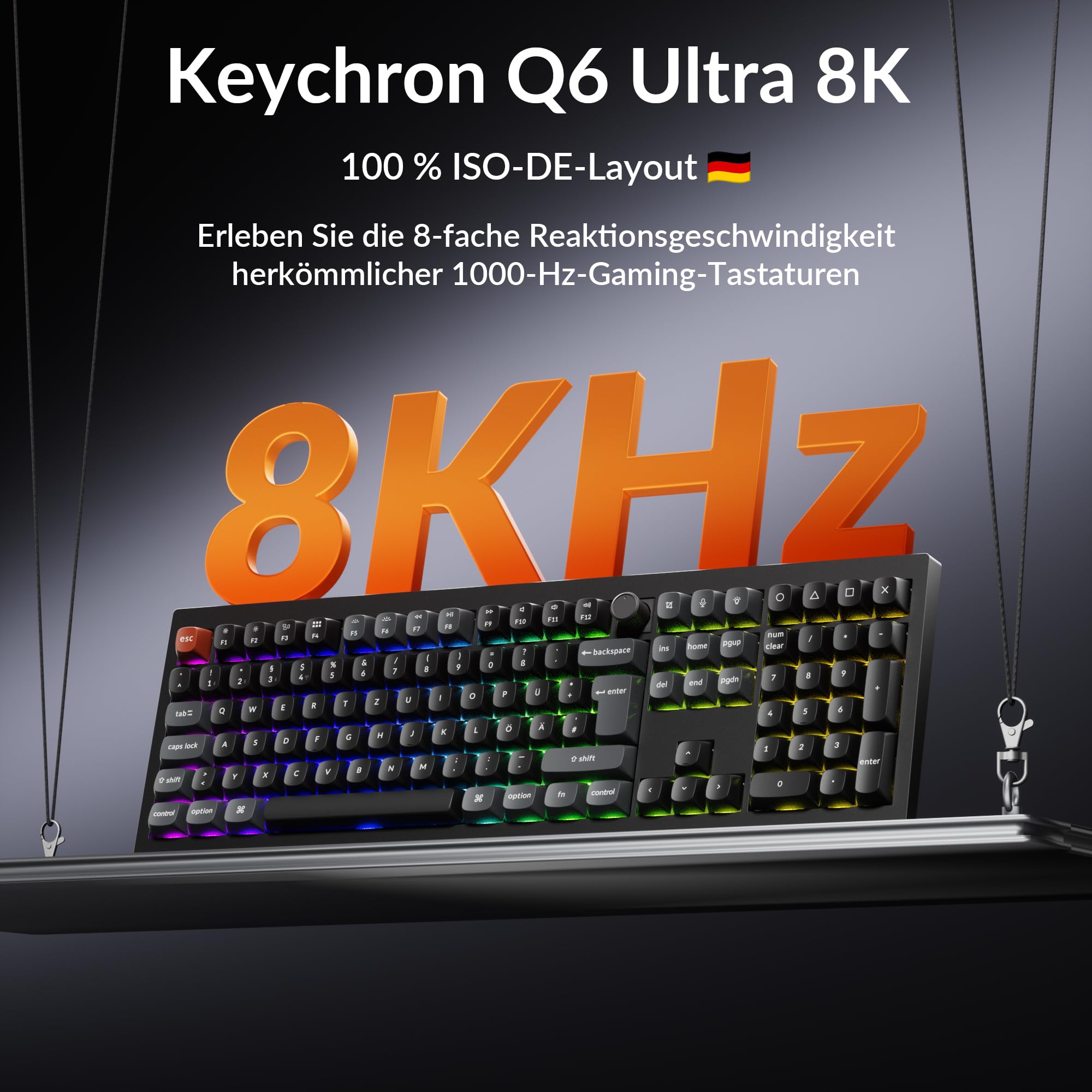 Keychron V6 Ultra 8K kabellose mechanische Tastatur, ISO-DE-Layout, 8000 Hz, ZMK/Launcher, 2,4 GHz/Bluetooth 5.3, PBT-Tastenkappen, für Mac, Windows und Linux, Silk POM Brauner Schalter