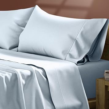 TEXAS LINEN CO. Egyptian Cotton Sheets Queen Size Everyday Bedding Cotton Queen Sheet Set 4 PC, Light Blue, Durable, Cooling, 16" Deep Pocket, Sateen Hotel Bedding Set - Easy Breezin' Collection