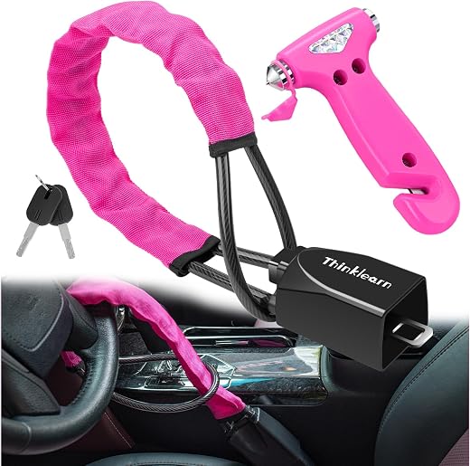 ThinkLearn Steering Wheel Lock Anti-Theft Device, Car Theft Prevention Device Safety Kit with 3 in 1 Car Window Breaker and...