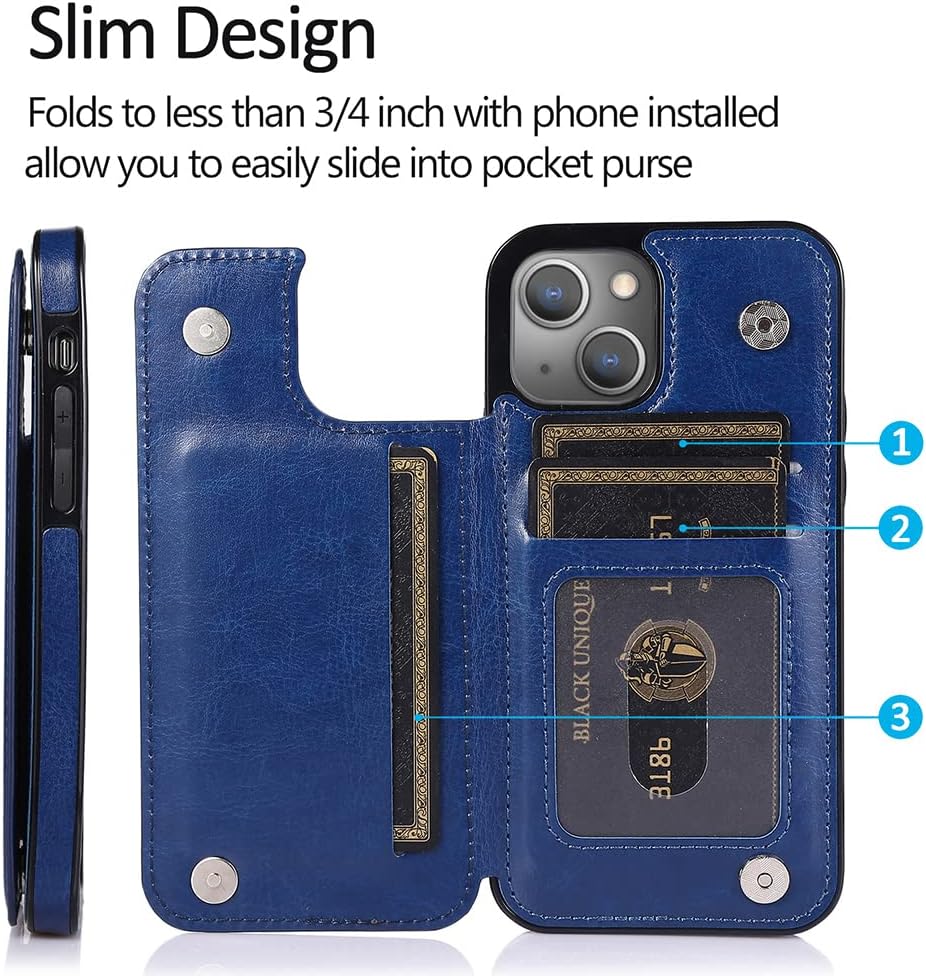 uCOLOR Flip Leather Wallet Case Card Holder Compatible with iPhone 13 6.1 iPhone 14 6.1 Women and Girls with Card Holder Kickstand (Navy Flowers) - Image 3