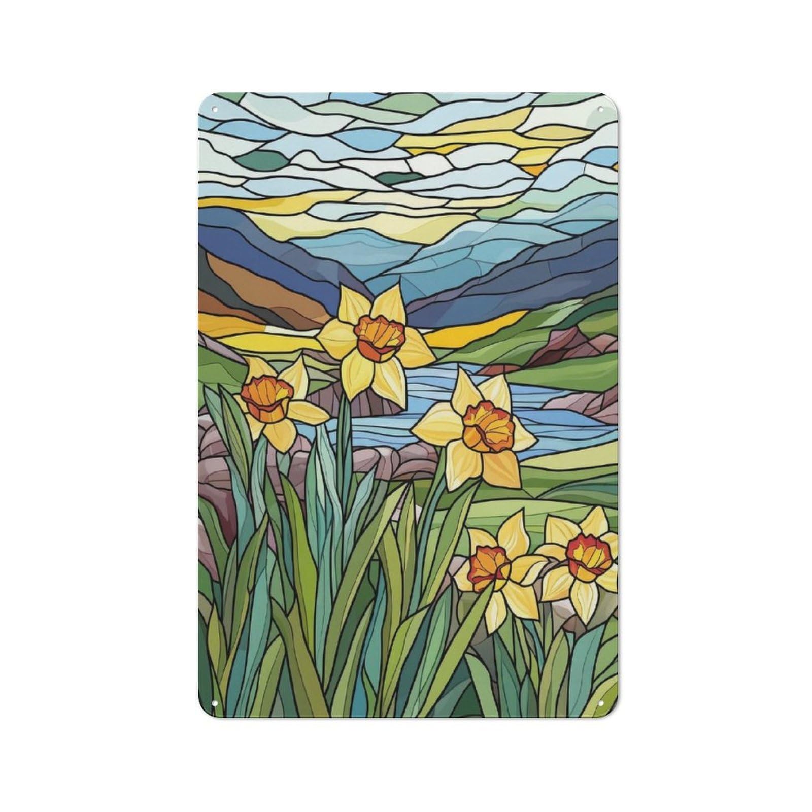Junmoney Style-11 30X20cm Rustic Metal Wall Sign With Stained Glass Daffodils For Living Room Wall, Metal Sign Decor For Living Rooms And Feature Walls