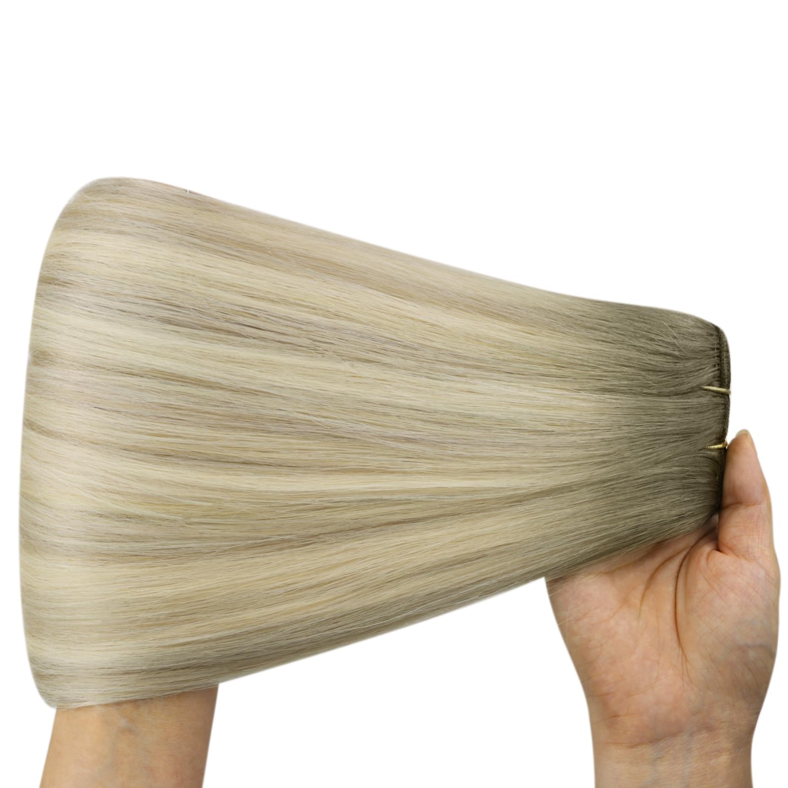 YoungSee Echthaar Tressen zum Einnähen Blond 50 cm,Tressen Echthaar Aschblond Ombre Blond，Haartressen Extension，Weft Hair Extension fur Damen,100g,SUN