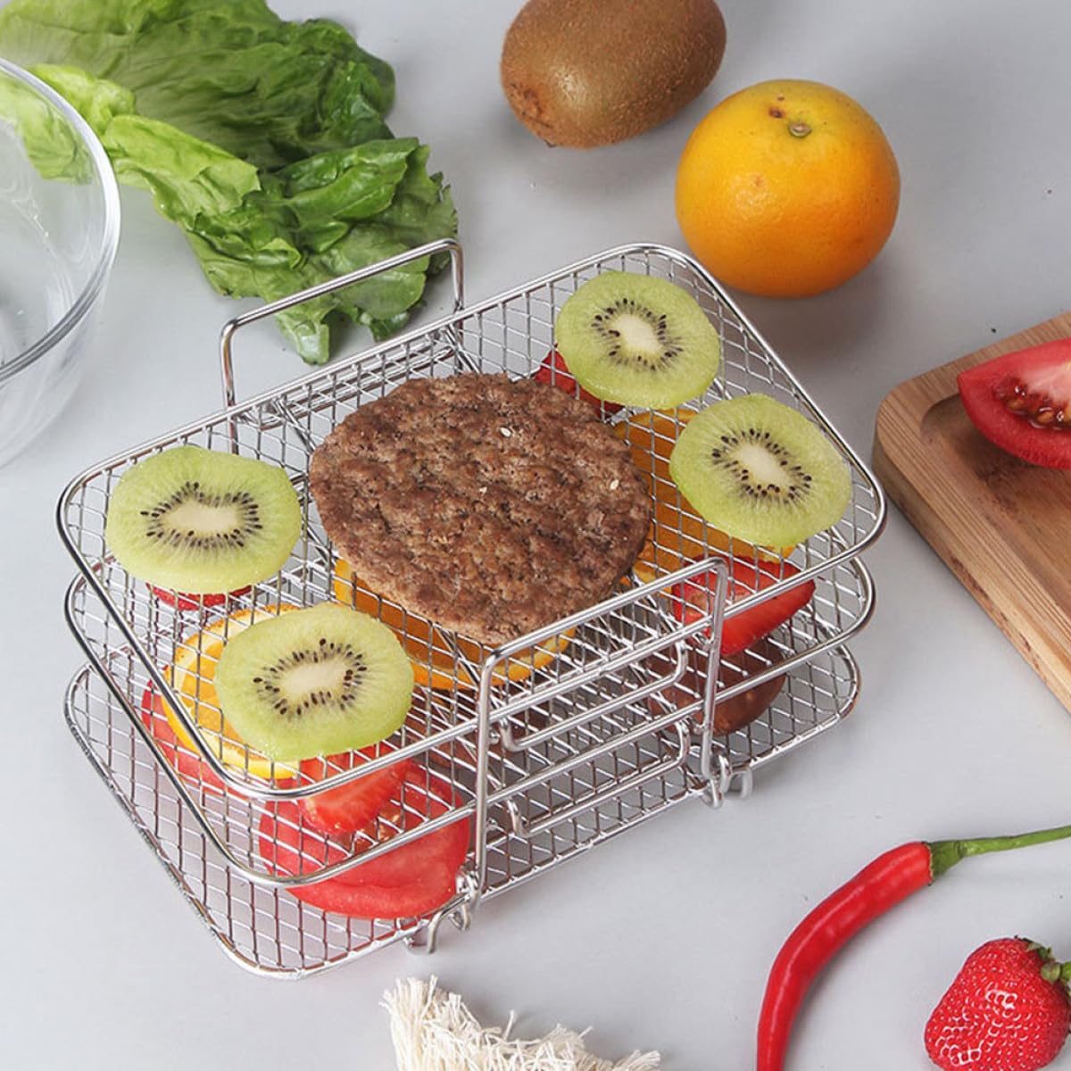 Rejilla para Freidora de Aire de 3 Capas, Acero Inoxidable 304, Soporte Multifuncional para Horno y Deshidratación, Apta para Cocina Saludable y Utensilios Freidora Aire