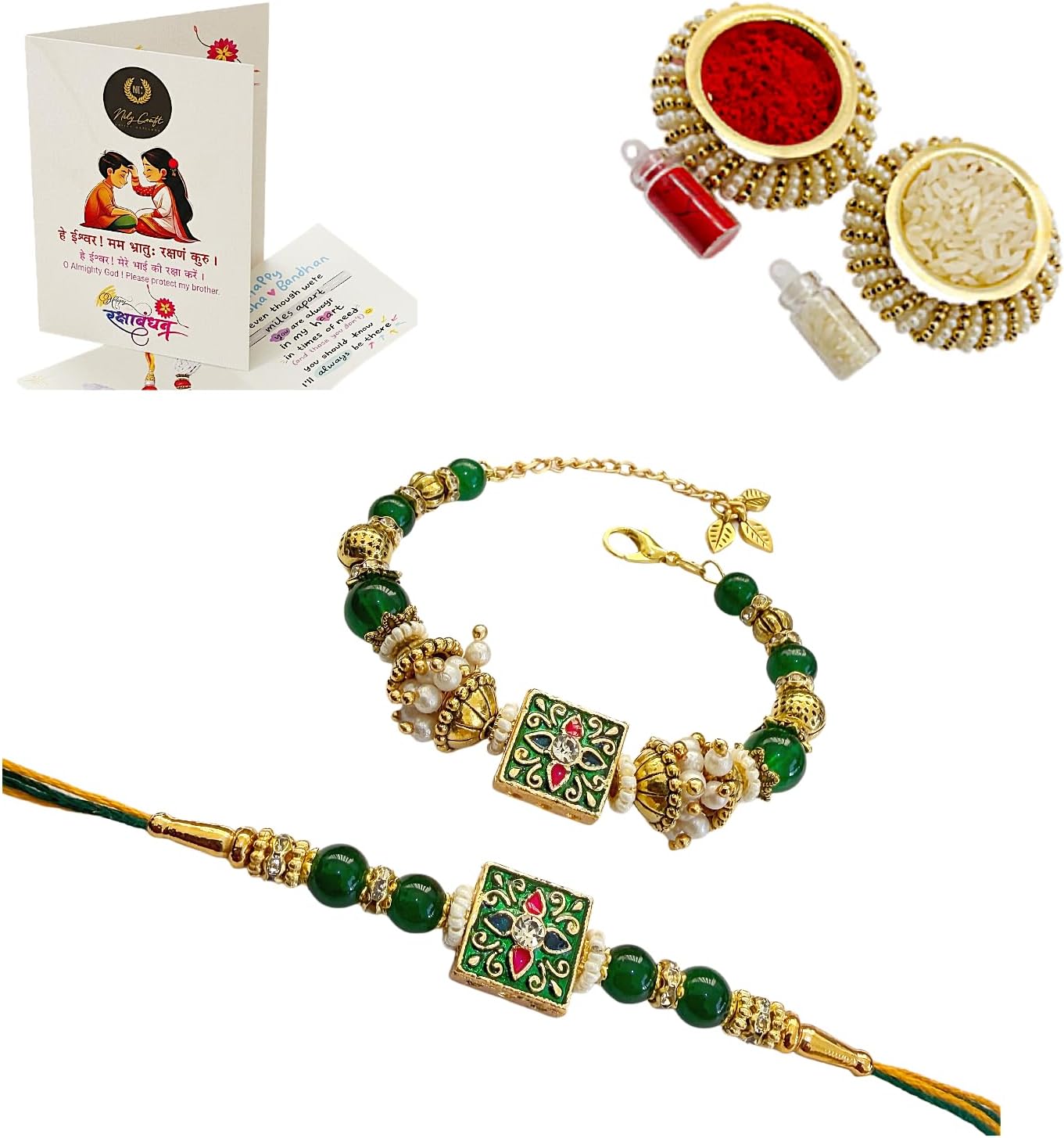 Handmade Premium Couple Rakhi Gift Set | Green Traditional Charm with Unique Design Rakhi Combo | Includes Roli Kumkum & Chawal | Traditional Raksha Bandhan Gift for Bhaiya Bhabhi, Brother & Sister