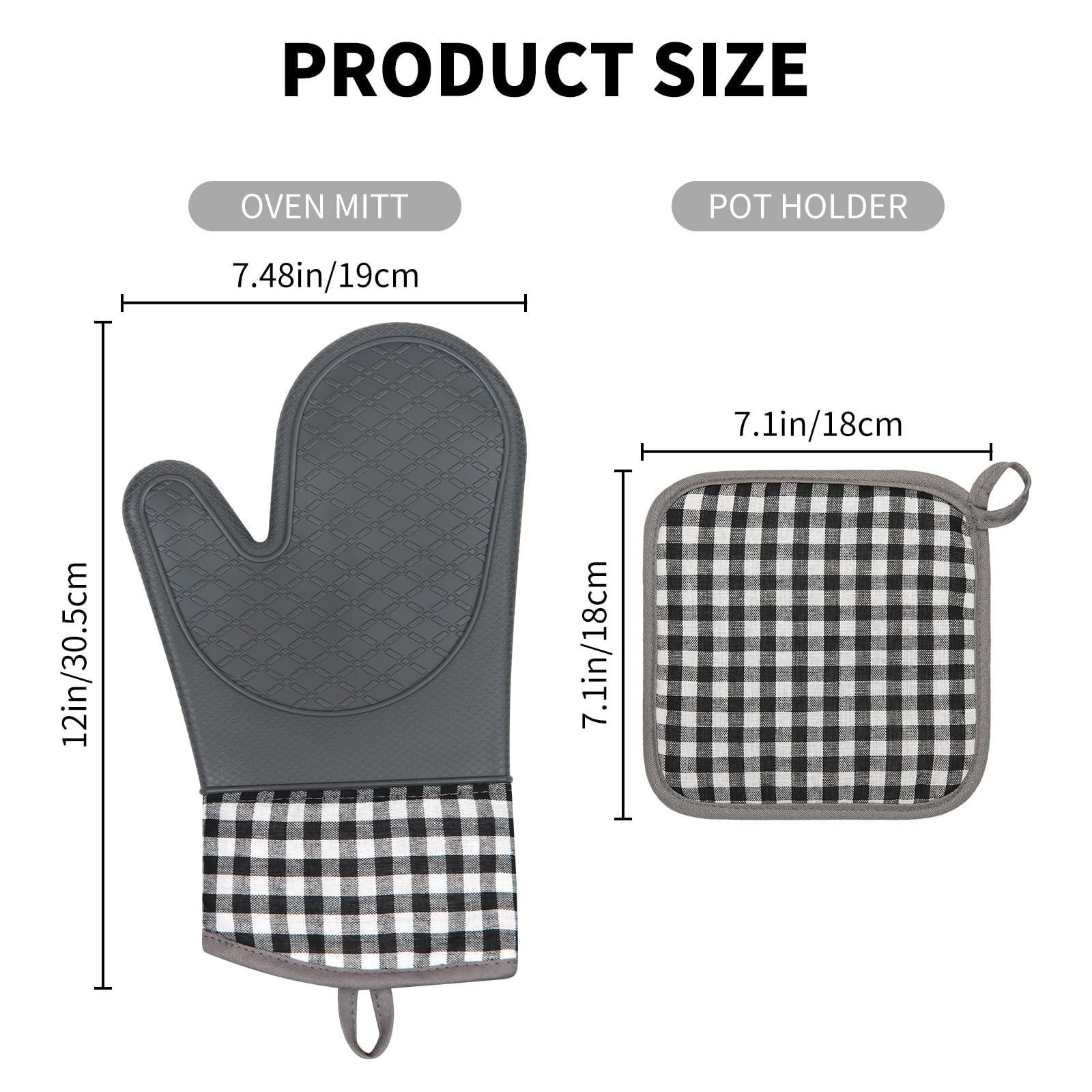 Tifanso Plaid Ofenhandschuhe und Topflappen 4-teiliges Set, Ofenhandschuhe Handschuhe Hitzebeständig mit rutschfester Silikonoberfläche zum Kochen Backen Grillen, Baumwolle Topflappen Pads für Küche
