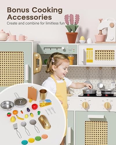 Miniatura 6 de Babytronic Juego de cocina de madera para niños, cocina de juego de simulación rosa con luces y sonidos, juguete de cocina de estilo retro para