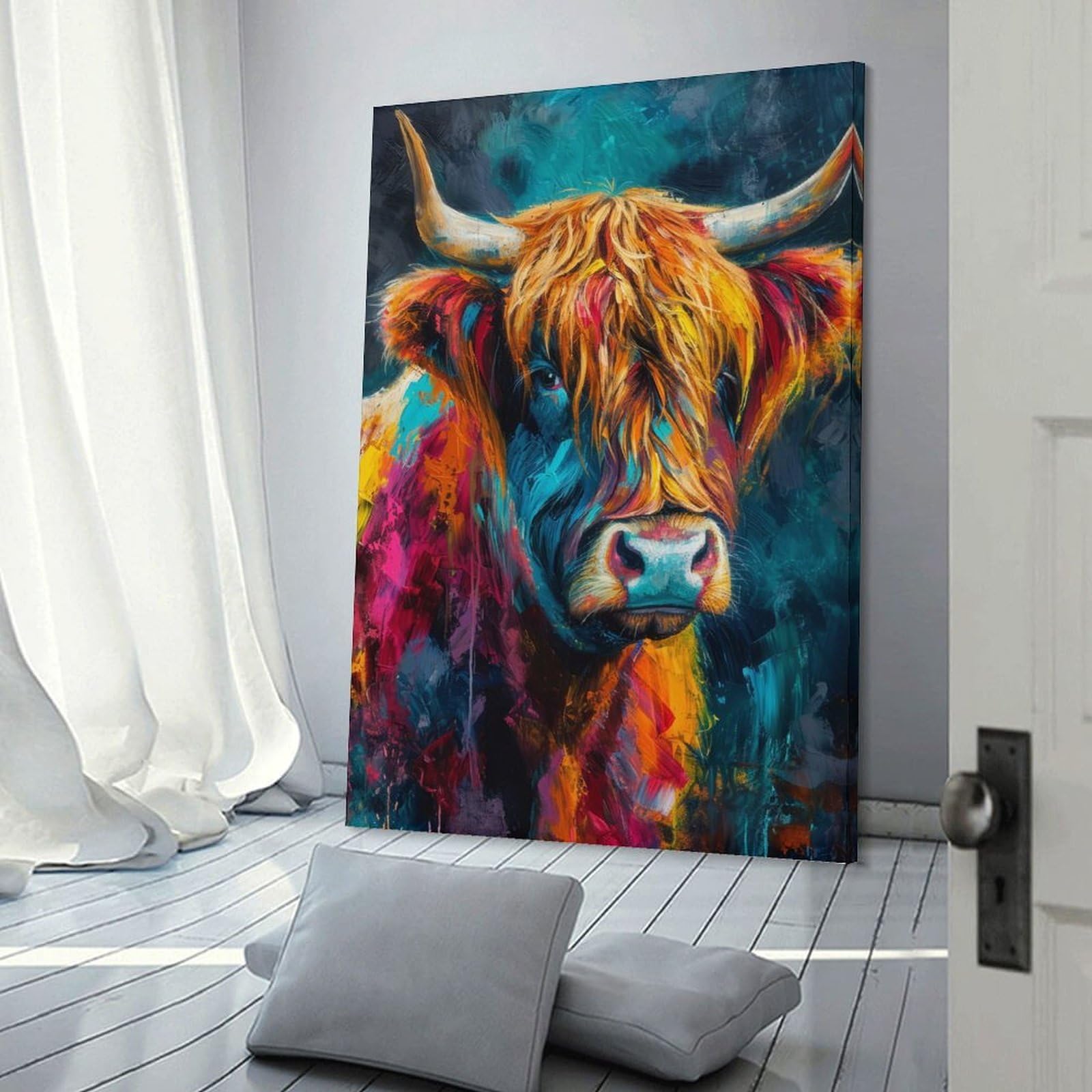 Junmoney Frame-Highland Cow Oil Effect Wall Picture Print Highland Cow Oil Effect, 08X12inch(20X30cm), For Hallway, Bedroom Or Modern Interiors, Thoughtful Wall Decor For Art Lovers