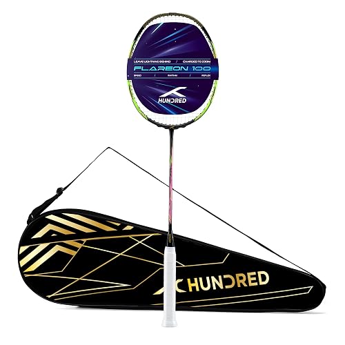 Hundred Flareon 100 Badminton Racket 4U (Strung)| Carbon Fiber Frame | Speed Racket for Fast Swings | Flexible Shaft | Max Tension 30 lbs | Full Cover Included - Black