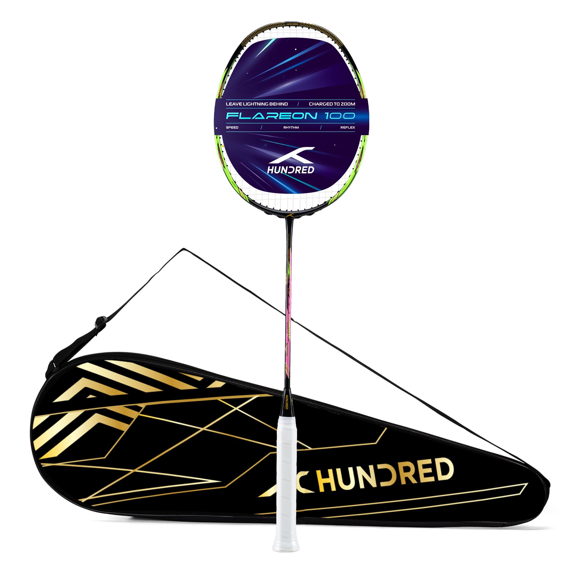 Hundred Flareon 100 Badminton Racket 4U (Strung)| Carbon Fiber Frame | Speed Racket for Fast Swings | Flexible Shaft | Max Tension 30 lbs | Full Cover Included - Black-image-22
