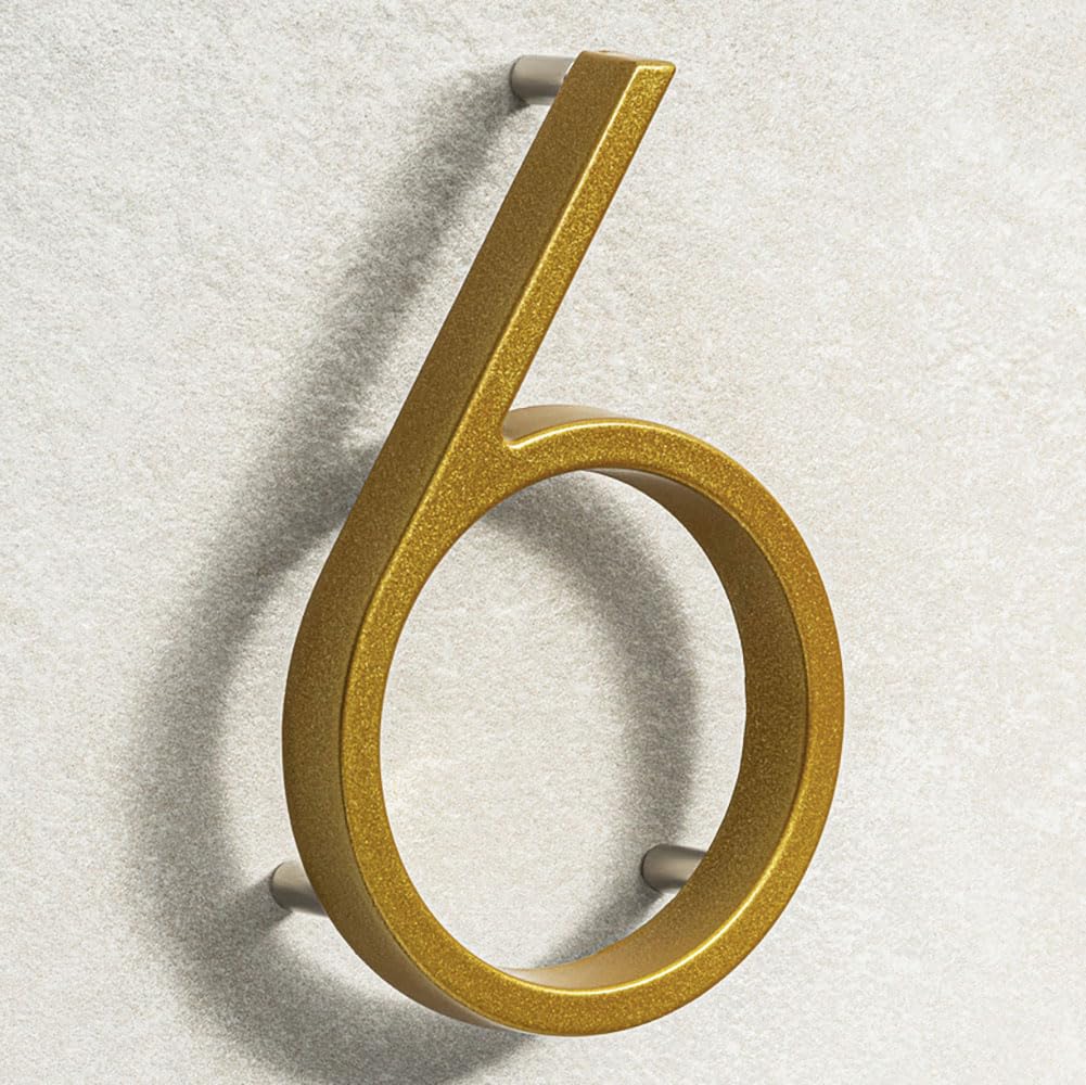 House Signs Direct | Modern Floating 3D Gold Metal House Numbers 5 Inch | Stylish Front Door Numbers with Waterproof Zinc Alloy Finish | Easy Install Door Number Sign for Wall or Gate - Number 6 — image 1
