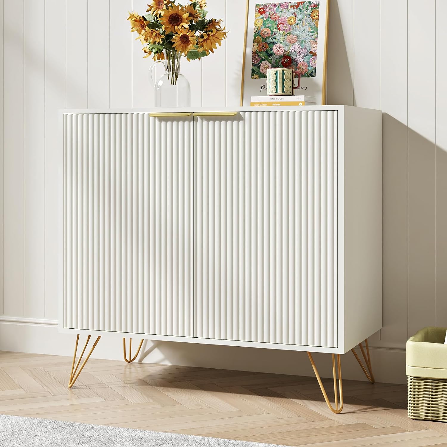 White Buffet Cabinet with Storage - Fluted White and Gold Cabinets with 2 Doors and Adjustable Shelf, Modern Accent Cabinet Console Coffee Bar Table for Kitchen, Entryway, Office
