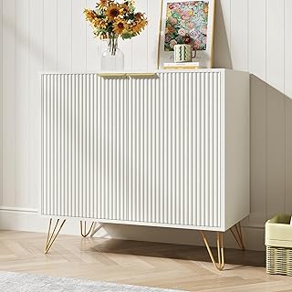 White Buffet Cabinet with Storage - Fluted White and Gold Cabinets with ...