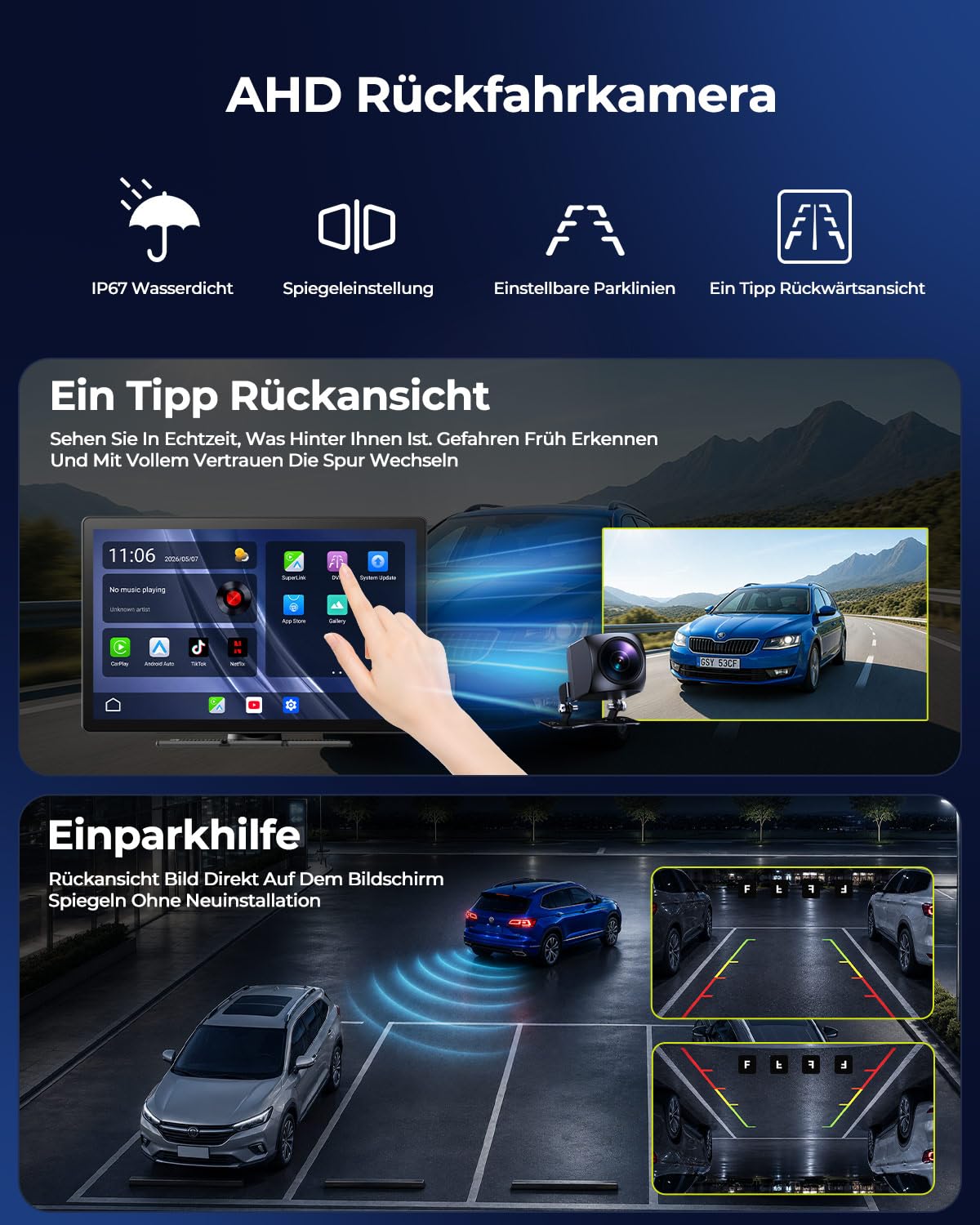 LAMTTO 11 Zoll Wireless CarPlay Display mit YouTube TikTok Video-Apps,Tragbares Autoradio für Apple CarPlay&Android Auto mit Rückfahrkamera/Navigation/In-Cell Touchscreen/Sprachassistent/OTA/Bluetooth